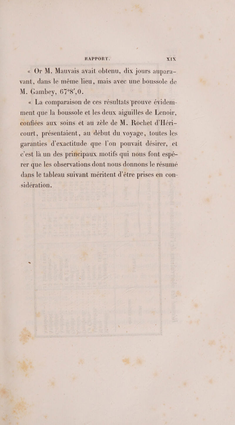 € Or M. Mauvais avait obtenu, dix jours aupara- vant, dans le même lieu, mais avec une boussole de M. Gambey, 67°8,0. « La comparaison de ces résultats prouve évidem- ment que la boussole et les deux aiguilles de Lenoir, confiées aux soins et au zèle de M. Rochet d'Héri- court, présentaient, au début du voyage, toutes les garanties d'exactitude que l’on pouvait désirer, et c’est là un des principaux motifs qui nous font espé- rer que les observations dont nous donnons le résumé dans le tableau suivant méritent d’être prises en con- sidération.
