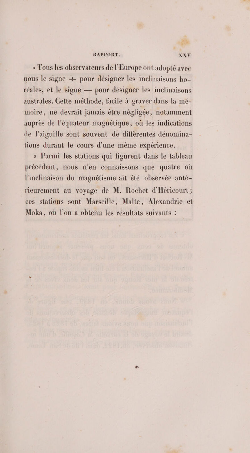 « Tous les observateurs de l’Europe ont adopté avec nous le signe + pour désigner les inelinaisons bo- réales, et le signe — pour désigner les inelinaisons australes. Cette méthode, facile à graver dans la mé- moire, ne devrait Jamais être négligée, notamment auprès de l'équateur magnétique, où les indications de l’aiguille sont souvent de différentes dénomina- tions durant le cours d’une mème expérience. « Parmi les stations qui figurent dans le tableau précédent, nous n’en connaissons que quatre où l'inchinaison du magnétisme ait été observée anté- rieurement au voyage de M. Rochet d'Héricourt ; _ces stations sont Marseille, Malte, Alexandrie et Moka, où l’on a obtenu les résultats suivants :