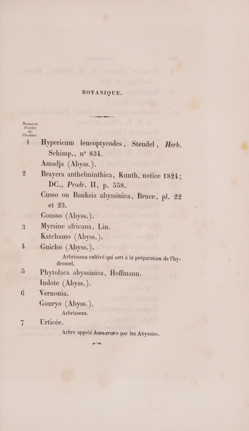 Numéros d'ordre e l’'herbier. 1 BOTANIQUE. Hypericum leucoptycodes, Steudel, Herb. Schimp., n° 834. Amadja (Abyss.). Brayera anthelminthica, Kunth, notice 1824 : DC., Prodr. Il, p. 558. Cusso ou Banksia abyssinica, Bruce, pl. 22 et 23. Cousso (Abyss.). Myrsine africana, Lin. Katchamo (Abyss.). Guicho (Abyss.). Arbrisseau cultivé qui sert à la préparation de l’'hy- dromel. Phytolaca abyssinica, Hoffmann. Indote (Abyss.). Vernonia. Gouryo (Abyss. ). Arbrisseau. Arbre appelé hamararo par les Abyssins. + Fe