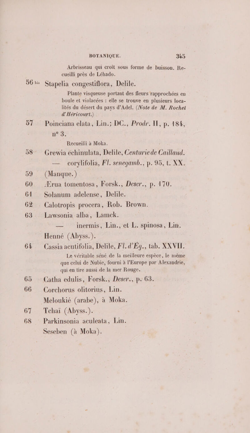 Arbrisseau qui croit sous forme de buisson. Re- cueilli près de Léhado. 51 64 65 66 67 68 Plante visqueuse portant des fleurs rapprochées en boule et violacées : elle se trouve en plusieurs loca- lités du désert du pays d’Adel. (Note de M. Rochet d’Héricourt.) Poinciana elata, Lin.; DC., Prodr. I, p. 184, n° 3. Recueilli à Moka. | Grewia echinulata, Delile, Centurie de Cailaiid. — _ corylifolia, F1. seneqamb. p. 95, t. XX. (Manque. ) | /Ærua tomentosa , Forsk., Descr., p. 170. Solanum adelense, Delile. Lawsonia alba, Lamck. — imermis, Lin., et L. spinosa, Lin. Henné (Abyss.). Cassia acutifolia, Delile, F1. d’Ég., tab. XXVIL. Le véritable séné de la meilleure espèce, le même que celui de Nubie, fourni à l'Europe par Alexandrie, qui en tire aussi de la mer Rouge. Catha edulis, Forsk., Descr., p: 63. Corchorus olitorius, Lan. Méloukié (arabe), à Moka. Tchaï (Abyss.). | Parkinsonia aculeata, Lin. Seseben (à Moka).