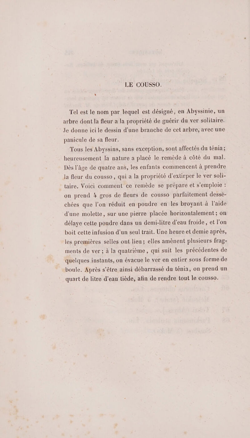 LE COUSSCO. Tel est le nom par lequel est désigné, en Abyssinie, un arbre dont la fleur a la propriété de guérir du ver solitaire. Je donne ici le dessin d’une branche de cet arbre, avec une panicule de sa fleur. Tous les Abyssins, sans exception, sont affectés du ténia; heureusement la nature a placé le remède à côté du mal. Dès l’âge de quatre ans, les enfants commencent à prendre la fleur du cousso , qui a la propriété d’extirper le ver soli- taire. Voici comment ce remède se prépare et s'emploie : on prend 4 gros de fleurs de cousso parfaitement dessé- chées que l’on réduit en poudre en les broyant à l’aide d'une molette, sur une pierre placée horizontalement ; on délaye cette poudre dans un demi-litre d'eau froide, et l’on boit cette infusion d’un seul trait. Une heure et demie après, les premières selles ont lieu; elles amènent plusieurs frag- ments de ver ; à la quatrième, qui suit les précédentes de quelques instants, on évacue le ver en entier sous forme de boule. Après s'être ainsi débarrassé du ténia, on prend un quart de litre d’eau tiède, afin de rendre tout le cousso. |