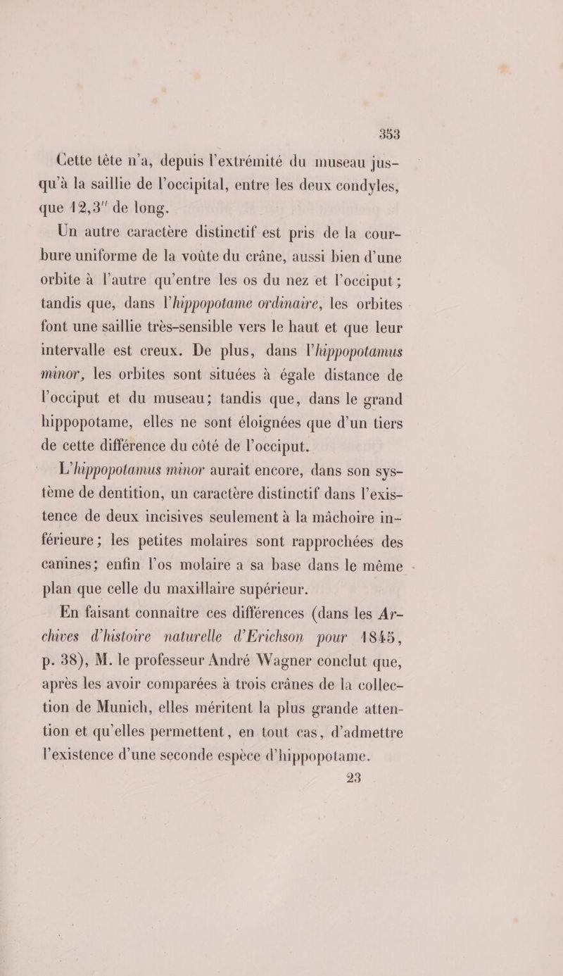 Cette tête n’a, depuis l'extrémité du museau jus- qu'à la saillie de l’occipital, entre les deux condyles, que 12,3 de long. Ün autre caractère distinctif est pris de la cour- bure uniforme de la voûte du crâne, aussi bien d’une orbite à l’autre qu'entre les os du nez et l’occiput ; tandis que, dans l’hippopotame ordinaire, les orbites font une saillie très-sensible vers le haut et que leur intervalle est creux. De plus, dans l’hippopotamus minor, les orbites sont situées à égale distance de l’occiput et du museau; tandis que, dans le grand hippopotame, elles ne sont éloignées que d’un tiers de cette différence du côté de l’occiput. L'hippopotamus minor aurait encore, dans son sys- tème de dentition, un caractère distinctif dans l’exis- tence de deux incisives seulement à la mâchoire in- férieure ; les petites molaires sont rapprochées des canines; enfin los molaire à sa base dans le même plan que celle du maxülaire supérieur. En faisant connaître ces différences (dans les Ar- chives d'histoire naturelle d’Erichson pour 1845, p. 38), M. le professeur André Wagner conclut que, après les avoir comparées à trois crânes de la collec- tion de Munich, elles méritent la plus grande atten- tion et qu'elles permettent, en tout cas, d'admettre l'existence d’une seconde espèce d’hippopotame. 23