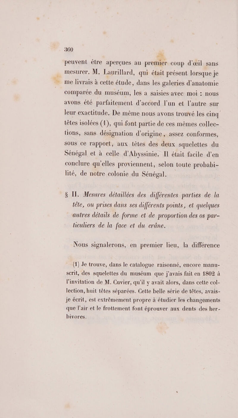 te peuvent être aperçues au premier coup d'œil sans . mesurer. M. Laurillard, qui était présent lorsque je _ me livrais à cette étude, dans les galeries d'anatomie comparée du muséum, les à saisies avec moi : nous avons été parfaitement d'accord l’un et l’autre sur leur exactitude. De même nous avons trouvé les cinq têtes isolées (1), qui font partie de ces mêmes collec- tions, sans désignation d’origine, assez conformes, sous ce rapport, aux têtes des deux squelettes du Sénégal et à celle d'Abyssinie. Il était facile d’en conclure qu’elles proviennent, selon toute probabi- lité, de notre colonie du Sénégal. S IT. Mesures détaillées des différentes parties de la tête, ou prises dans ses différents points, et quelques autres détails de forme et de proportion des os par- hcuhers de la face et du crâne. Nous signalerons, en premier lieu, la différence (1) Je trouve, dans le catalogue raisonné, encore manu- scrit, des squelettes du muséum que j'avais fait en 1802 à l'invitation de M. Cuvier, qu'il y avait alors, dans cette col- lection, huit têtes séparées. Cette belle série de têtes, avais- je écrit, est extrêmement propre à étudier les changements que l'air et le frottement font éprouver aux dents des her- bivores.