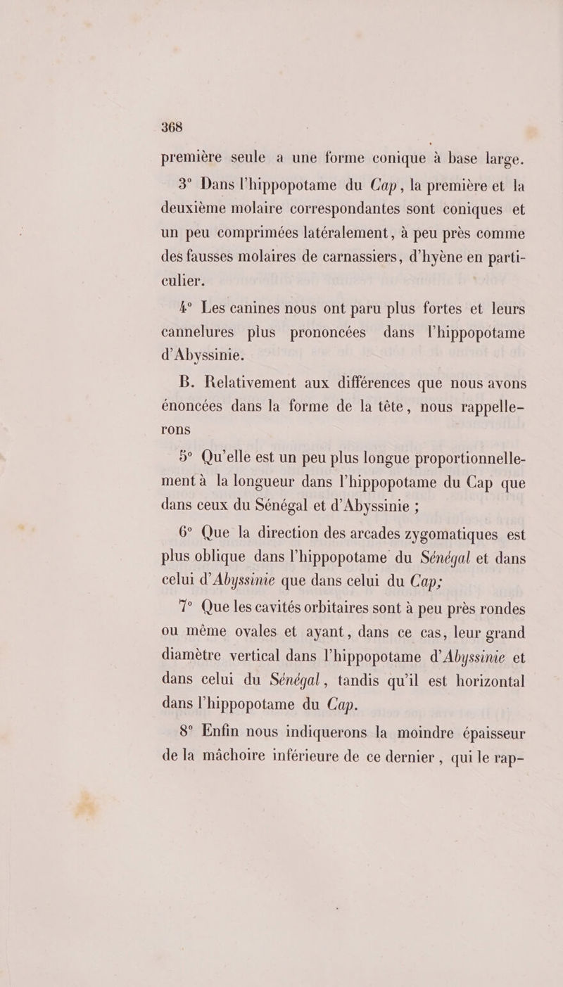 première seule à une forme conique à base large. 3° Dans l'hippopotame du Cap, la première et la deuxième molaire correspondantes sont coniques et un peu comprimées latéralement, à peu près comme des fausses molaires de carnassiers, d’hyène en parti- culier. 4° Les canines nous ont paru plus fortes et leurs cannelures plus prononcées dans l’hippopotame d'Abyssinie. B. Relativement aux différences que nous avons énoncées dans la forme de la tête, nous rappelle- rons 5° Qu'elle est un peu plus longue proportionnelle- ment à la longueur dans l’hippopotame du Cap que dans ceux du Sénégal et d’Abyssinie ; 6° Que la direction des arcades zygomatiques est plus oblique dans l’hippopotame du Sénégal et dans celui d’Abyssimie que dans celui du Cap; 7° Que les cavités orbitaires sont à peu près rondes ou même ovales et ayant, dans ce cas, leur grand diamètre vertical dans l’hippopotame d’Abyssinie et dans celui du Sénégal, tandis qu'il est horizontal dans l’hippopotame du Cap. 8° Enfin nous indiquerons la moindre épaisseur de la mâchoire inférieure de ce dernier , qui le rap-