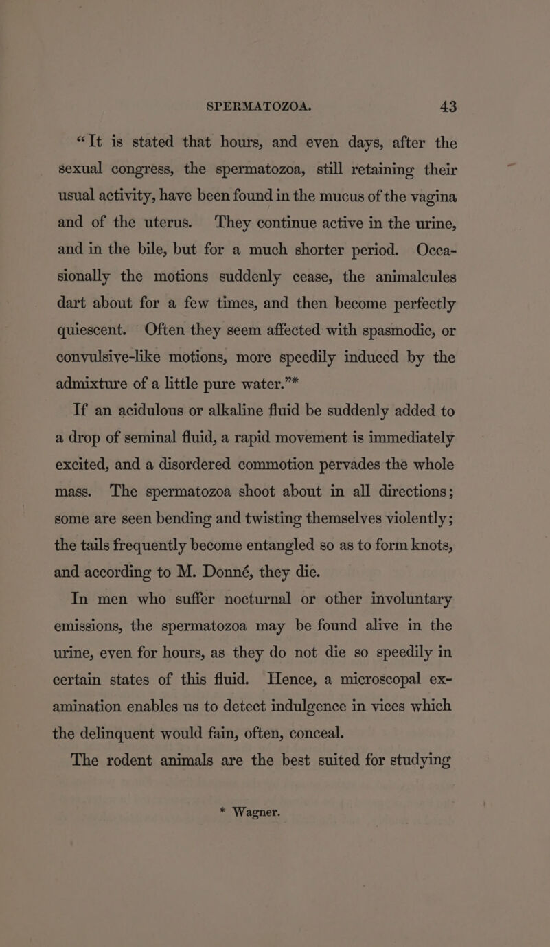 “It is stated that hours, and even days, after the sexual congress, the spermatozoa, still retaining their usual activity, have been found in the mucus of the vagina and of the uterus. They continue active in the urine, and in the bile, but for a much shorter period. Occa- sionally the motions suddenly cease, the animalcules dart about for a few times, and then become perfectly quiescent. Often they seem affected with spasmodic, or convulsive-like motions, more speedily induced by the admixture of a little pure water.”* If an acidulous or alkaline fluid be suddenly added to a drop of seminal fluid, a rapid movement is immediately excited, and a disordered commotion pervades the whole mass. The spermatozoa shoot about in all directions; some are seen bending and twisting themselves violently ; the tails frequently become entangled so as to form knots, and according to M. Donné, they die. In men who suffer nocturnal or other involuntary emissions, the spermatozoa may be found alive in the urine, even for hours, as they do not die so speedily in certain states of this fluid. Hence, a microscopal ex- amination enables us to detect indulgence in vices which the delinquent would fain, often, conceal. The rodent animals are the best suited for studying * Wagner.