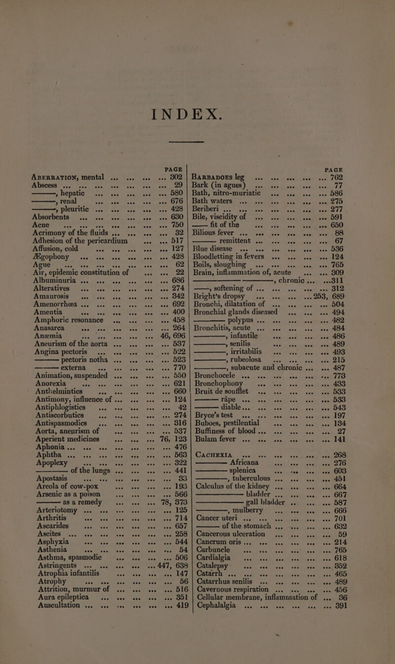 ABERRATION, mental ... ... Abscess ... .. , hepatic eee , renal sem eee » pleuritic ... Absorbents ... ... Acne nae Acrimony of the fluids ... Adhesion of the pericardium Affusion, cold ZEgophony Ague _... Air, epidemic constitution of — Albuminuria ... Alteratives ... Amaurosis... Amenorrhea . Amentia da.) edn? “sug? Vane Amphoric resonance... Anasarca Anemia atk Aneurism of the aorta .. Angina pectoris... ... pectoris notha ... ... ——— externa... ... Animation, suspended ... Anorexia ae Anthelmintics pom Sneek Antimony, influence of... ... Antiphlogistics Antiscorbutics Antispasmodics ess Aorta, aneurism of se Aperient medicines Aphonia... ... eee eee eee eee eee eee eee eee eee eee ; Aphtha .., Apoplexy dee! eee * of the ce Maer Apostasis see Areola of cow-pox Arsenic as a poison as a remedy Arteriotomy ... Arthritis dae Jase Ascarides Asphyxia ... Asthenia Westie nen 5 Asthma, spasmodic isa ees Astringents ... ... Atrophia infantilis Atrophy eee POR ER Feo Attrition, murmur of ... ... Aura epileptica ey Auscultation ... ... +0 Ascites dict adel tecanmere eee --- 3Ol oo. 419 PAGE BaRrBApozrs leg fa Naga Nearness 762 Bark (in agues) ... Pisin 77 Bath, nitro-muriatic ae 586 Bath waters ao 275 GIGMIIEES: “ncn ped pune, 5d seme SE ae ne Bile, viscidity of see cee eee BOI fit of the os han aneaeh ne POS FEVER ss eee See peeleey texchices pemittent’-Jaccu scco waa semi. spunea Te MOREE “ooo? ced!) deci bani&gt; shatetons MEO Bloodletting in fevers ... rere S| Boils, sloughing a pai ese AOU Brain, inflammation of, acute «tse. 009 » Chronic ey, ead ——, softening of ... vsept cedegie Bright’s dropsy__... 253, 689 Bronchi, dilatation of ... .. eo 504 Bronchial glands diseased oo cee 494 polypus ... oa) eee 482 Bronchitis, acute ... .0. soe see . 484 » infantile haan rol Seed MOO . Senilis aap ent ox , irritabilis ,.. cap cea Se ; ; rubeolosa 215 , subacute and chronic .. wah aseotle rOmeROCElE «cy oa) © cankl aces (ace - 7173 Bronchophony _... . 433 Bruit de soufflet 533 TENG) suis! kas -. 533 diable... ... eee 543 Dryers teatyn ies. cace ose 197 Buboes, pa eae alld cae 134 Buffiness of blood .. : may | Balata feveter .. ss iseca) denn, veo .. 141 CRCUELE A. wen) ose, doe sede nce keene Africana ; Pes: splenica ee ove anes OOS ————, tuberculous ... ... 0. .0. 451 Calculus of the kidney ... ... 664 ———_————— bladder ... 1... a. 667 —— gall bladder ... ... ... 587 — p mulberry Saat seal ove 666 Cancer uteri ... eaeiinesa 701 of the stomach . . 632 Cancerous ulceration 5, 09 CIE OTIS feo e5s2 ses. voce can recneel Carbuncle bee . 765 Cardialgia Skee 6 . . 618 MMPEA UN ua y, ond/ous. . shclagmne pe eeeeiel Catarrh stich. Camdvic eases hen SCs Catarrhus senilis ... «-- 489 Cavernous respiration * - 456 Cellular membrane, inflamraation ofr 36 Cephalalgia eee ove coe eee eee