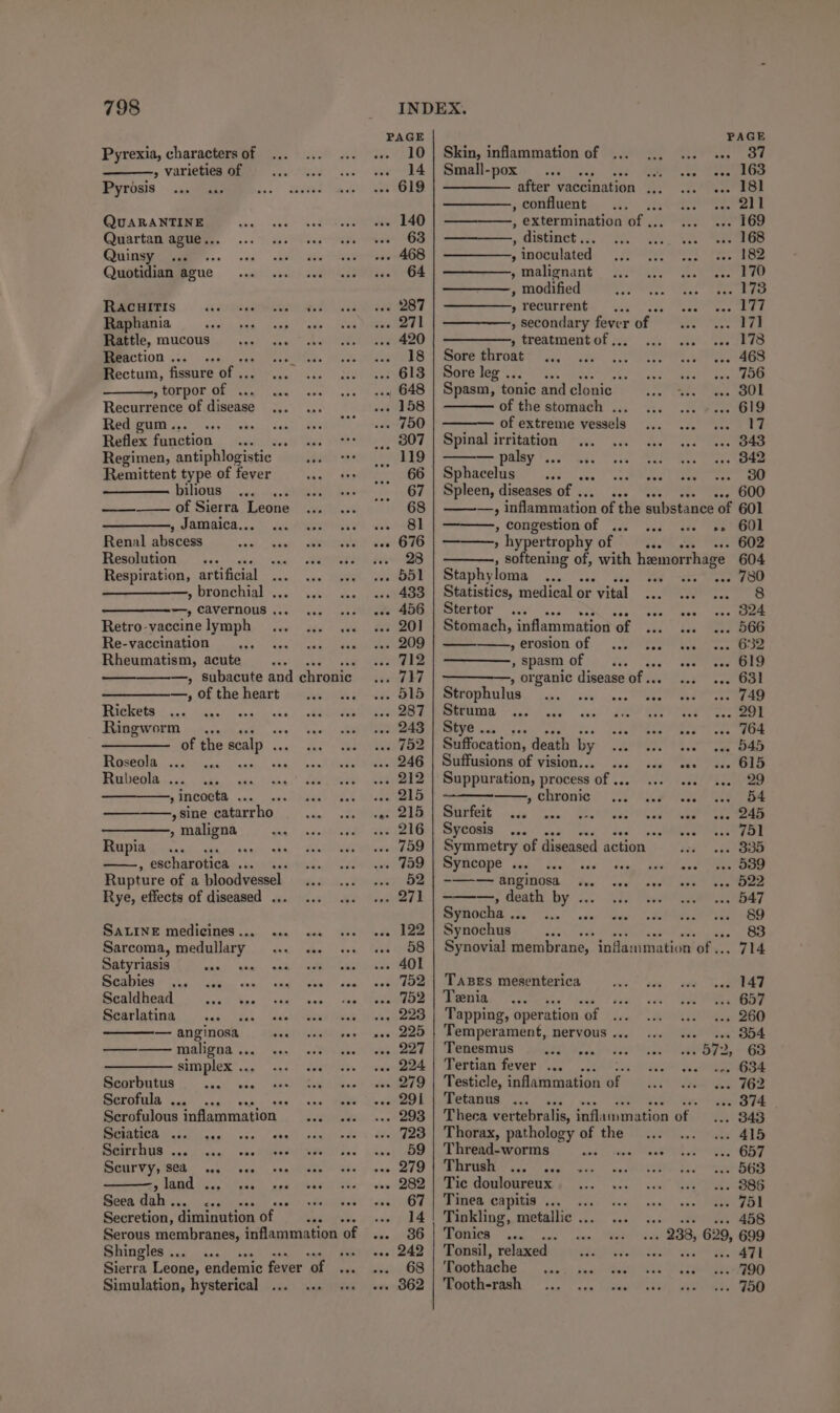 Pyrexia, characters of &gt; Varieties of oe Pyrosis 4. uae siete QuARANTINE Quartan ague.. Quinsy A Quotidian ague | RacHITIs wsdeeeeean.? Raphania Rattle, mucous Reaction . Rectum, fissure of, , torpor of .. Recurrence of disease Red gum... Reflex function ie Regimen, antiphlogistic. Remittent type of fever bilious i hee tee KT LOTT Leone , Jamaica.. Renal ahacaia Resolution ee Respiration, artificial » bronchial ... ———-—,, cavernous ... Retro-vaccine lymph Re-vaccination Rheumatism, acute as —, subacute and chronic —, of the heart Rickets Ringworm oc. i 4cd | oes of the scalp ... BURSOONR oi tan anes! ess Rubeola ... ; »incocta ... Sine catarrho » maligna Rupia Ww eree : escharotica Be cece Rupture of a oe egal Rye, effects of diseased . SALINE medicines ... Sarcoma, medullary Satyriasis eae), skies adie elue RGabies Oe ee wun. aa awn” Ane Scaldhead Scarlatina AS — anginosa maligna ... simplex ... Scorbutus : BerOT Ute east eae baba Cann Serofulous inflammation Renta Beers) Ao) wes Scirrhus ... ae Scurvy, $€&amp; 0. see ; daa {ye Seea 7m Baik boy Secretion, diminution of Serous membranes, inflammation ‘of Shingles .. Sierra Leone, endemic fever “of Simulation, hysterical ... ... PAGE PAGE 10 | Skin, inflammation of ... 37 4 | Butall-poxne vee ep ae WR gto . 619 | ———— after vaccination ., 181 , confluent sty 211 . 140 | ————-, extermination of ... 169 .. 63 | ————, distinct.. 168 . 468 | ————-, inoculated 182 64 | ————-, malignant 170 ——_——, modified 173 . 287 | ————-,, recurrent “Beeee 177 ... 271 | ————-, secondary fever of 17] . 420 | —————-, treatment of .. 178 ... 18 | Sore throat 468 .. 613 | Sore leg ... : 756 . 648 Spasm, tonic and elonie’: 301 158 of the stomach . 619 ew 750 of extreme vessels 17 _ 807 | Spinal irritation 343 119 — palsy . 342 66 | Sphacelus .. 30 67 | Spleen, diseases of .. . 600 68 | ———, inflammation of the substance ‘of 601 81 , congestion of ... »» 601 676 ’ hyper trophy of . 602 «28 , Softening of, with hemorrhage 604 ... 551 | Staphyloma a ae ee ... 433 | Statistics, medical or vital rao ... 456 | Stertor a woe O24 . 201 | Stomach, inflammation ‘of «s- 566 2-209 » erosion of Jen thon - 712 | ————, spasm of ; ses O19 717 —, organic disease of .. -. 631 ... 515 | Strophulus He HEN ... 287 | Struma me | ... 243 | Stye. ber «os 164 wo. 752 Stiffocation: death by we. 545 ... 246 | Suffusions of vision.. . 615 . 212 | Suppuration, process ‘of we 29 aes , chronic 0 Det .». 215 | Surfeit otc ees ... 216 | Sycosis id Pepi ie} | ... 759 | Symmetry of diseased action eee DBO ... 759 | Syncope ... ise ee +. O39 ... 52 | -—-— anginosa oe 522 ... 271 | ———, death Sis . 547 Synocha .. : 89 . 122 Synochus ; gre Oe 58 | Synovial membrane, inflammation of .. . 714 401 .. 752 | TABES mesenterica . 147 .. 752 | Tenia da . 657 . 223 | Tapping, operation ‘of... . 260 ... 225 | Temperament, nervous . Sts ag BS ... 227 | Tenesmus a O72,&gt; 68 . 224 | Tertian fever ... oP igaee .-. 279 | Testicle, inflammation ie 762 . 291 | Tetanus ... 374 ... 293 | Theca vertebralis, inflammation of. 343 . 723 | Thorax, pathology of the Al5 ... 59} Thread-worms - . 657 owes 279 | RTUERY ace oar 563 . 282 | Tic douloureux 386 67 | Tinea capitis .... 751 14 | Tinkling, metallic . ae BS 836 | Tonics ca ... 238, 629, 699 .. 242 | Tonsil, relaxed ee tee ATT . 68 | Toothache 790 . 862 | Tooth-rash 750