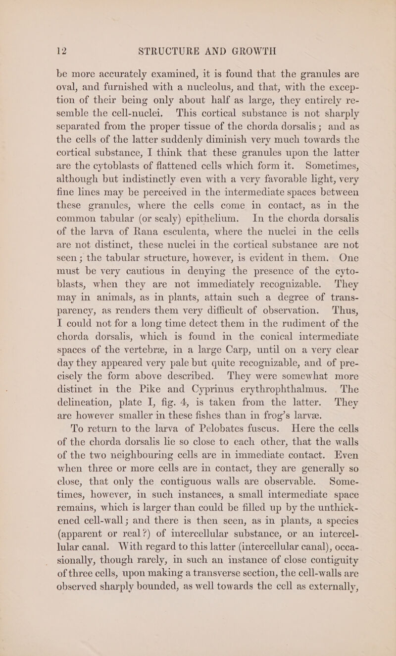 be more accurately examined, it is found that the granules are oval, and furnished with a nucleolus, and that, with the excep- tion of their being only about half as large, they entirely re- semble the cell-nuclei. This cortical substance is not sharply separated from the proper tissue of the chorda dorsalis; and as the cells of the latter suddenly diminish very much towards the cortical substance, I think that these granules upon the latter are the cytoblasts of flattened cells which form it. Sometimes, although but indistinctly even with a very favorable light, very fine lines may be perceived in the intermediate spaces between these granules, where the cells come in contact, as in the common tabular (or scaly) epithelium. In the chorda dorsalis of the larva of Rana esculenta, where the nuclei in the cells are not distinct, these nuclei in the cortical substance are not seen ; the tabular structure, however, is evident in them. One must be very cautious in denying the presence of the cyto- blasts, when they are not immediately recognizable. They may in animals, as in plants, attain such a degree of trans- parency, as renders them very difficult of observation. Thus, I could not for a long time detect them in the rudiment of the chorda dorsalis, which is found in the conical intermediate spaces of the vertebrae, in a large Carp, until on a very clear day they appeared very pale but quite recognizable, and of pre- cisely the form above described. They were somewhat more distinct in the Pike and Cyprinus erythrophthalmus. The delineation, plate I, fig. 4, is taken from the latter. They are however smaller in these fishes than in frog’s larve. To return to the larva of Pelobates fuscus. Here the cells of the chorda dorsalis le so close to each other, that the walls of the two neighbouring cells are in immediate contact. Even when three or more cells are in contact, they are generally so close, that only the contiguous walls are observable. Some- times, however, in such instances, a small intermediate space remains, which is larger than could be filled up by the unthick- ened cell-wall; and there is then seen, as in plants, a species (apparent or real?) of imtercellular substance, or an intercel- lular canal. With regard to this latter (intercellular canal), occa- sionally, though rarely, in such an instance of close contiguity of three cells, upon making a transverse section, the cell-walls are observed sharply bounded, as well towards the cell as externally,
