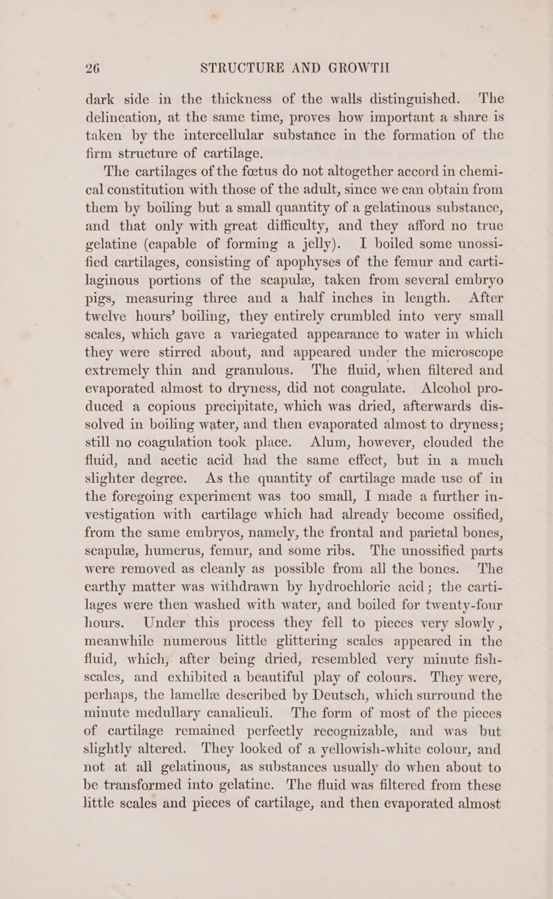 dark side in the thickness of the walls distinguished. The delineation, at the same time, proves how important a share is taken by the intercellular substance in the formation of the firm structure of cartilage. The cartilages of the foetus do not altogether accord in chemi- cal constitution with those of the adult, since we can obtain from them by boiling but a small quantity of a gelatinous substance, and that only with great difficulty, and they afford no true gelatine (capable of forming a jelly). I boiled some unossi- fied cartilages, consisting of apophyses of the femur and carti- laginous portions of the scapule, taken from several embryo pigs, measuring three and a half inches in length. After twelve hours’ boiling, they entirely crumbled into very small scales, which gave a variegated appearance to water in which they were stirred about, and appeared under the microscope extremely thin and granulous. The fluid, when filtered and evaporated almost to dryness, did not coagulate. Alcohol pro- duced a copious precipitate, which was dried, afterwards dis- solved in boiling water, and then evaporated almost to dryness; still no coagulation took place. Alum, however, clouded the fluid, and acetic acid had the same effect, but m a much slighter degree. As the quantity of cartilage made use of in the foregoing experiment was too small, I made a further in- vestigation with cartilage which had already become ossified, from the same embryos, namely, the frontal and parietal bones, scapulz, humerus, femur, and some ribs. The unossified parts were removed as cleanly as possible from all the bones. The earthy matter was withdrawn by hydrochloric acid; the carti- lages were then washed with water, and boiled for twenty-four hours. Under this process they fell to pieces very slowly , meanwhile numerous little glittermg scales appeared in the fluid, which, after being dried, resembled very minute fish- scales, and exhibited a beautiful play of colours. They were, perhaps, the lamellz described by Deutsch, which surround the minute medullary canaliculi. The form of most of the pieces of cartilage remained perfectly recognizable, and was but slightly altered. They looked of a yellowish-white colour, and not at all gelatinous, as substances usually do when about to be transformed into gelatine. The fluid was filtered from these little scales and pieces of cartilage, and then evaporated almost
