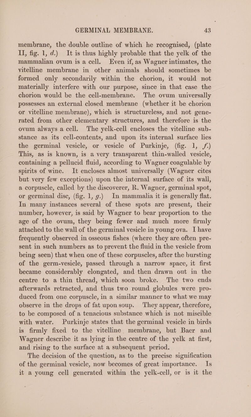 membrane, the double outline of which he recognised, (plate II, fig. 1, d.) It is thus highly probable that the yelk of the mammalian ovum is a cell. Even if, as Wagner intimates, the vitelline membrane in other animals should sometimes be formed only secondarily within the chorion, it would not materially interfere with our purpose, since in that case the chorion would be the cell-membrane. The ovum universally possesses an external closed membrane (whether it be chorion or vitelline membrane), which is structureless, and not gene- rated from other elementary structures, and therefore is the ovum always a cell. The yelk-cell encloses the vitelline sub- stance as its cell-contents, and upon its internal surface lies the germinal vesicle, or vesicle of Purkinje, (fig. 1,.,f.) This, as is known, is a very transparent thin-walled vesicle, containing a pellucid fluid, according to Wagner coagulable by spirits of wine. It encloses almost universally (Wagner cites but very few exceptions) upon the internal surface of its wall, a corpuscle, called by the discoverer, R. Wagner, germinal spot, or germinal disc, (fig. 1, g.) In mammalia it is generally flat. In many instances several of these spots are present, their number, however, is said by Wagner to bear proportion to the age of the ovum, they being fewer and much more firmly attached to the wall of the germinal vesicle in young ova. I have frequently observed in osseous fishes (where they are often pre- sent in such numbers as to prevent the fluid in the vesicle from being seen) that when one of these corpuscles, after the bursting of the germ-vesicle, passed through a narrow space, it first became considerably elongated, and then drawn out in the centre to a thin thread, which soon broke. The two ends afterwards retracted, and thus two round globules were pro- duced from one corpuscle, in a similar manner to what we may observe in the drops of fat upon soup. ‘They appear, therefore, to be composed of a tenacious substance which is not miscible with water. Purkinje states that the germinal vesicle in birds is firmly fixed to the vitelline membrane, but Baer and Wagner describe it as lying in the centre of the yelk at first, and rising to the surface at a subsequent period. The decision of the question, as to the precise signification of the germinal vesicle, now becomes of great importance. Is it a young cell generated within the yelk-cell, or is it the