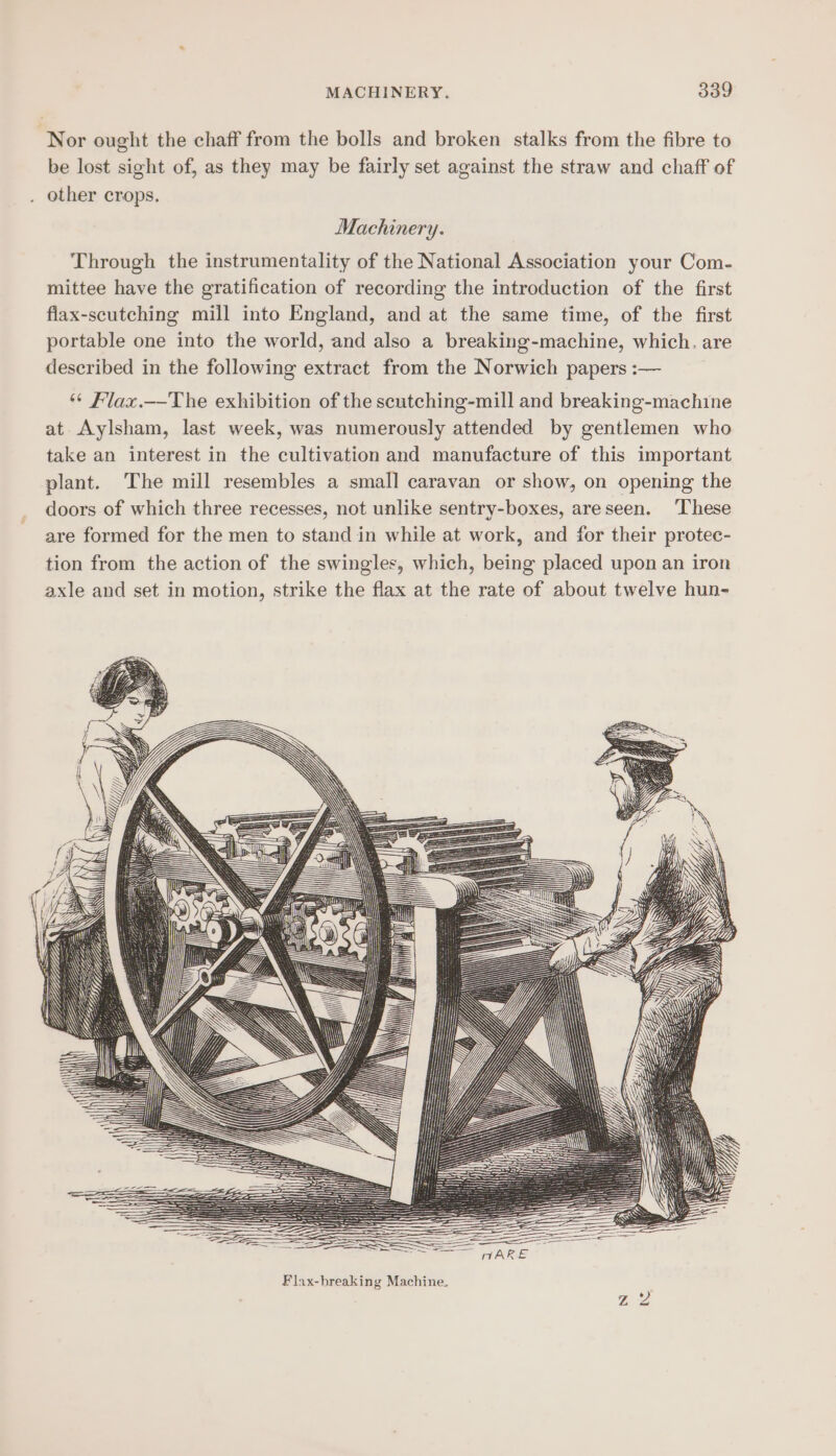 Nor ought the chaff from the bolls and broken stalks from the fibre to be lost sight of, as they may be fairly set against the straw and chaff of other crops. Machinery. Through the instrumentality of the National Association your Com- mittee have the gratification of recording the introduction of the first flax-scutching mill into England, and at the same time, of the first portable one into the world, and also a breaking-machine, which. are described in the following extract from the Norwich papers :— ** Flax.——The exhibition of the scutching-mill and breaking-machine at. Aylsham, last week, was numerously attended by gentlemen who take an interest in the cultivation and manufacture of this important plant. The mill resembles a small caravan or show, on opening the doors of which three recesses, not unlike sentry-boxes, areseen. These are formed for the men to stand in while at work, and for their protec- tion from the action of the swingles, which, being placed upon an iron axle and set in motion, strike the flax at the rate of about twelve hun- == = SSS —= oe Fe adie AARE Flax-breaking Machine.