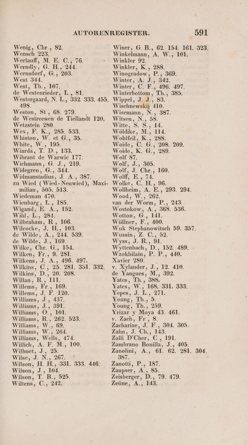 Wenig, Chr., 82. Wensch 223. Werlauff, M. E. C., 76. ‘ Werndly, G. H., 244. Wernsdorf, G., 203. West 344. West, Th., 107. de Westenrieder, L., 81. Westergaard, N. L., 332. 333. 455. 498. Weston, St , 68. 279. de Westreenen de Tiellandt 120, Wetzstein 280. Wex, F. K., 285. 533. Whiston, W. et @., 35. White, W., 195. Wiarda, T. D., 133. Wibrant de Warwic 177. Wichmann, @. J., 219. Widegren, @., 344. Widmanstadius, J. A., 387. zu Wied (Wied-Neuwied), Maxi- milian, 505. 513. _ Wiedeman 470. Wienbarg, L., 185. Wigand, E. A., 152. Wihl, L., 2834. Wilbraham, R., 106. Wileocke, J. H., 103. de Wilde, A., 244. 539. de Wilde, J., 169. Wilke, Chr. E; 154. Wilken, Fr., 9. 281. Wilkens, J. A., 496. 497. Wilkins, C., 25. 281. 331. 332. Wilkins, D., 20. 208. Willan, R., 111. Willems, Fr., 169. Willems, J. F. 120. Williams, J., 437. Williams, J., 391. Williams, O., 101. Williams, R., 262. 523. Williams, W., 69. Williams, W., 264. Williams, Wells, 474. Willich, A. F. M., 100, Willmet, J., 25. WilsessJ: N., 267.9 Wilson, H. H., 331. 333. 446: Wilson, J., 104. Wilson, T. B., 525. Wiltens, C., 242. 591 Winer, G. B., 62. 154. 161. 323. Winkelmann, A. W., 101. Winkler 92. Winkler, K., 288. Winogradow, P., 369. Winter, A. J., 342. Winter, C. Ei, 496. 497. Winterbottom , Th., 385. Wippel, J. J., 83. Wischnewskij 410. Wisemann, N., 387. Witsen, N., 58. Witte, S. S., 14. Wöldike, M., 114. Wohlfeil, K., 288. | Woide, C. G@., 208. 209. Woide, K. @., 289. Wolf 87. Wolf, J., 305. Wolf, J. Chr., 160. Wolff, E., 74. Wolke, C. H., 96. Wollheim, A. E., 293. 294. Wood, W., 262. van der Worm, P., 243. Wostokow, A., 368. 536. Wotton, @., 141. Wüllner, F., 400. Wuk Stephanowitsch 59. 357. Wussin, Z. C., 52. Wyss, J. R., 91. Wyttenbach,, D., 152. 489. Wzokhilain, 2, PB, 440. Xavier 280. v. Xylander, J., 12. 410. de Yangues, M. a Yates, Th., 388. Yates, W., 168. 331. 333. Yepes, J. 15 271. Young, Th., ’5. Young, Th., 259. Yrizar y Moya 43. 461. v. Zach, Fr., 8. Zachariae, % F., 304. 305. Zahn, J. 'Ch., 143. Zalli D’Cher, C.,:191. Zambrano Bonilla, J., 405. Zanolini, A., 61. 62. 281. 304. 387. Zanotti, P., 187. Zaupser, A., 85. Zeisberger, D., 79. 479. Zeüne, A., 143.