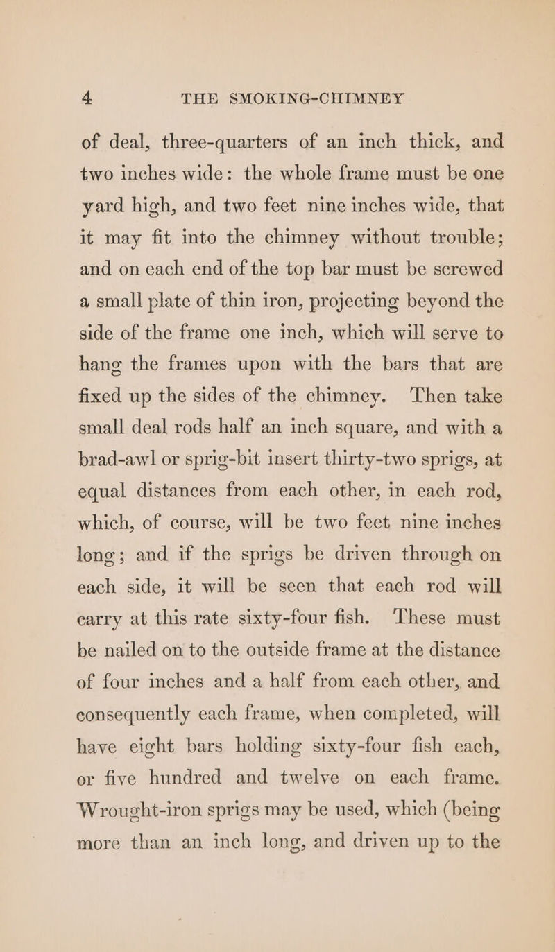 of deal, three-quarters of an inch thick, and two inches wide: the whole frame must be one yard high, and two feet nine inches wide, that it may fit into the chimney without trouble; and on each end of the top bar must be screwed a small plate of thin iron, projecting beyond the side of the frame one inch, which will serve to hang the frames upon with the bars that are fixed up the sides of the chimney. Then take small deal rods half an inch square, and with a brad-awl or sprig-bit insert thirty-two sprigs, at equal distances from each other, in each rod, which, of course, will be two feet nine inches long; and if the sprigs be driven through on each side, it will be seen that each rod will earry at this rate sixty-four fish. These must be nailed on to the outside frame at the distance of four inches and a half from each other, and consequently each frame, when completed, will have eight bars holding sixty-four fish each, or five hundred and twelve on each frame. Wrought-iron sprigs may be used, which (being more than an inch long, and driven up to the