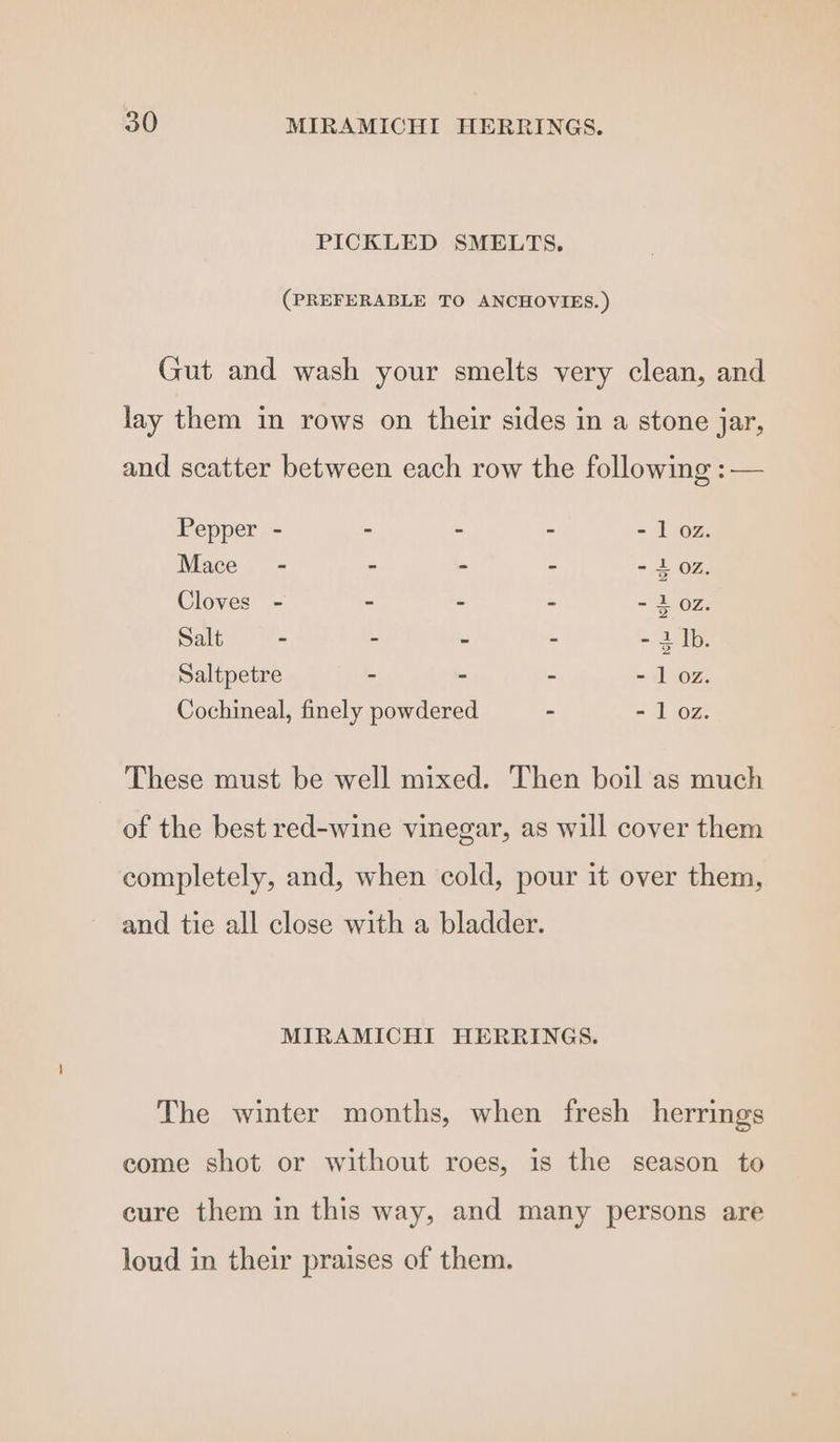 PICKLED SMELTS, (PREFERABLE TO ANCHOVIES.) Gut and wash your smelts very clean, and lay them in rows on their sides in a stone jar, and scatter between each row the following :— Pepper - - - - - 1 oz. Mace - - - - ~ 2 OZ Cloves - - - - -2 02 Salt - - - - =i Tip, Saltpetre - - - - 1 oz. Cochineal, finely powdered - - 1 oz. These must be well mixed. Then boil as much of the best red-wine vinegar, as will cover them completely, and, when cold, pour it over them, and tie all close with a bladder. MIRAMICHI HERRINGS. The winter months, when fresh herrings come shot or without roes, is the season to cure them in this way, and many persons are loud in their praises of them.