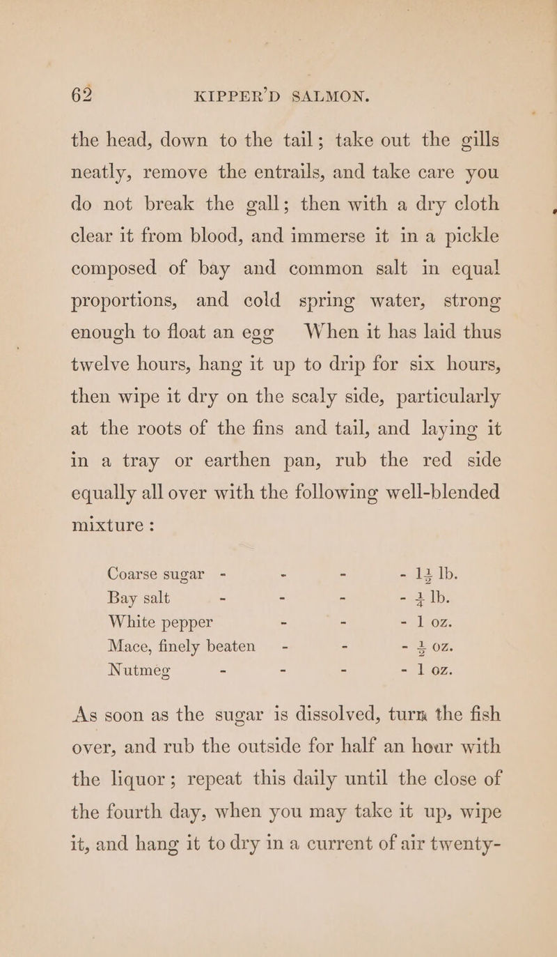the head, down to the tail; take out the gills neatly, remove the entrails, and take care you do not break the gall; then with a dry cloth clear it from blood, and immerse it in a pickle composed of bay and common salt in equal proportions, and cold spring water, strong enough to float an egg When it has laid thus twelve hours, hang it up to drip for six hours, then wipe it dry on the scaly side, particularly at the roots of the fins and tail, and laying it in a tray or earthen pan, rub the red side equally all over with the following well-blended mixture: Coarse sugar - - - + iz Ib. Bay salt - - - = 21h: White pepper - - - loz Mace, finely beaten - - - Loz. Nutmeg - - - - 1 oz. As soon as the sugar is dissolved, turn the fish over, and rub the outside for half an hour with the liquor; repeat this daily until the close of the fourth day, when you may take it up, wipe it, and hang it to dry in a current of air twenty-
