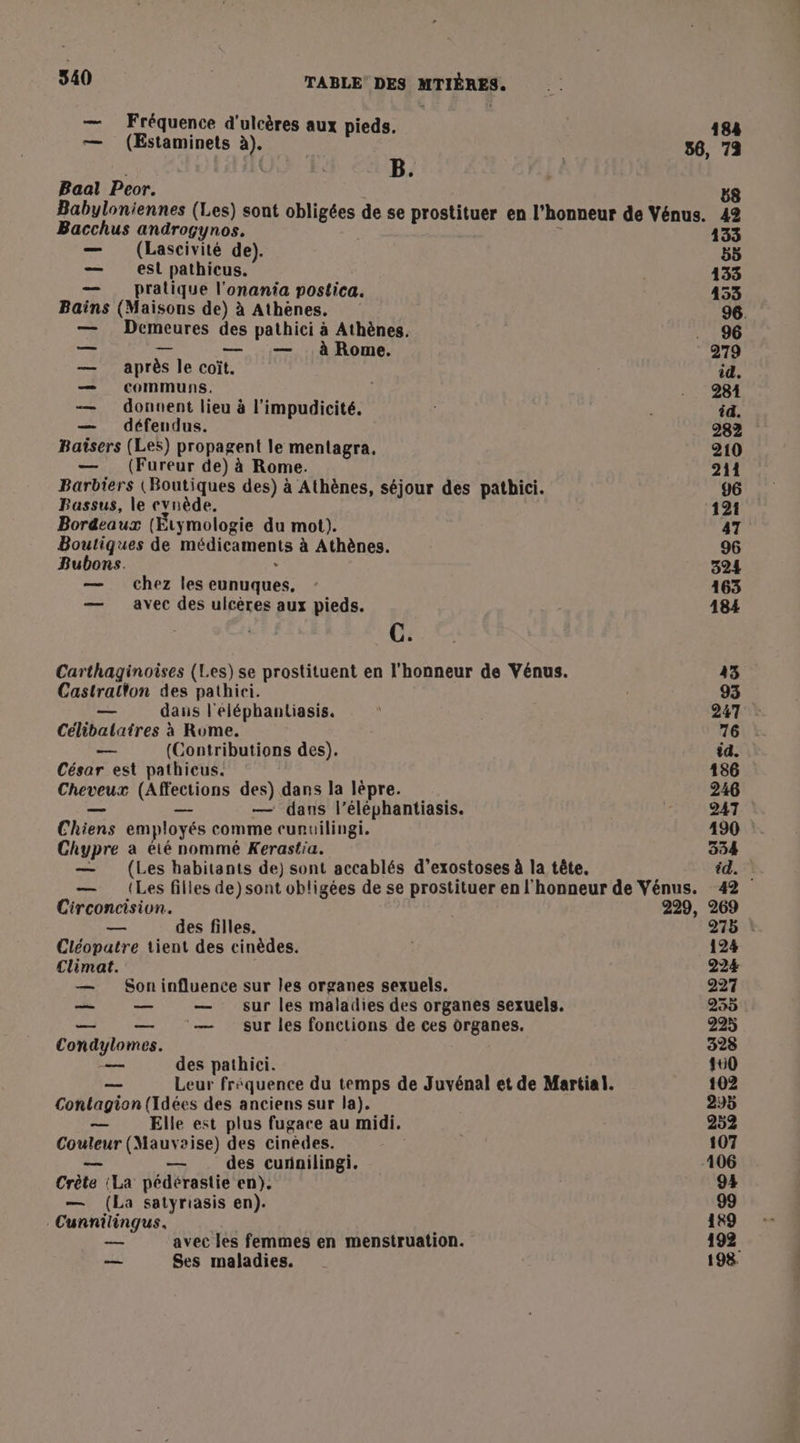 — Fréquence d'ulcères aux pieds. — (Estaminets à). ; 50 7 ; ; B. Baal Peor. 58 Babyloniennes (Les) sont obligées de se prostituer en l'honneur de Vénus. 42 Bacchus androgynos. 133 — (Lascivité de). 55 — est pathicus. | 133 — pratique l’onania postica. 453 Bains (Maisons de) à Athènes. 96. — Demeures des pathici à Athènes. … 96 x - We — — à Rome. 279 — après le coït. id. — communs. | .. 984 — donnent lieu à l’impudicité. id. — défendus. 282 Baïsers (Les) propagent le mentagra. 210 — (Fureur de) à Rome. 211 Barbiers (Boutiques des) à Athènes, séjour des patbici. 96 Bassus, le cvnède. 121 Bordeaux (Étymologie du mot). 47 Boutiques de médicaments à Athènes. 96 Bubons. : 324 — chez les eunuques, 163 — avec des ulcères aux pieds. 184 x ÿ C. Carthaginoises (Les) se prostituent en l'honneur de Vénus. 43 Castratton des pathici. 93 — daus l'eléphantiasis. 247 Célibataires à Rome. 76 — (Contributions des). id. César est pathicus. 186 Cheveux (Affections des) dans la lépre. 246 — — — dans l’éléphantiasis. r'TONSAT Chiens employés comme cunuilingi. 190 Chypre a êié nommé Kerastia. 354 — (Les habitants de) sont accablés d’exostoses à la tête. id. — {Les filles de)sont obligées de se prostituer en l'honneur de Vénus. 42 Circoncision. 229, 269 — des filles. 275 : Cléopatre tient des cinèdes. 124 Climat. 224 — Soninfluence sur les organes sexuels. 227 _— —— — sur les maladies des organes sexuels. 255 — — — sur les fonctions de ces organes. 225 Condylomes. 328 — des pathici. 100 — Leur fréquence du temps de Juvénal et de Martial. 102 Contagion (Idées des anciens sur la). 295 —— Elle est plus fugace au midi. 252 Couleur (Mauvaise) des cinèdes. 107 — — des curnilingi. 106 Crète :La pédérastie en). 93 — (La satyriasis en). 99 Cunnilingus. 189 — avec les femmes en menstruation. 192 — Ses maladies. 198.