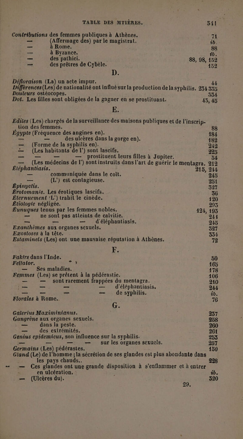Contributions des femmes publiques à Athènes. t7A _— Affermage des) par le magistrat. AUS — Rome. 88 — à Byzance. ib. — des pathici. 88, 98, 152 — des prêtres de Cybèle. 152 3 D. Défloraison (La) un acte impur. 12 Différences (Les) de nationalité ont influé sur la production de la syphilis, 234355 Douleurs ostéocopes. 334 Dot. Les filles sont obligées de la gagner en se prostituant,. 43, 43 E. Édiles ( Les) chargés de la surveillance des maisons publiques et de l'i inscrip- tion des femmes. 88 Égypte (Fréquence des angines en). 184 des ulcères dans la gorge en). 182 — Forre de la syphilis en). 949 — Les habitants de l’) sont lascifs. 295 A prostituent leurs filles à Jupiter. 54 — (Les médecins der l') sont instruits dans l’art de guérir le mentagra. 212 Éléphantiasis. 215, 244 — - communiquée dans le coît. 945 — (L') est contagieuse. 951 Épinyctis. | 327 Érotomanie. Les érotiques lascifs. 36 _ Élernuement 'L’) trahit le cinède. 120 Étiologie négligée. 993 Éunuques tenus par les femmes nobles. 124, 193 — ne sont pas atteints de calvitie. 941 — — — d'éléphantiasis. 943 Exanthèmes aux organes sexuels. 327 Exosloses à la tête. 334 Estaminels (Les) ont une mauvaise réputation à Athènes. 79 Faktrs dans l'Inde. * 50 Fellator. AL 165 — Ses maladies. 178 Femmes (Les) se prêtent à la pédérastie. 106 — — sont Hbc frappées du mentagra. 910 — — — dd éléphantiasis, | 244 — — — — de syphilis. ib. Florales à Rome. 76 G. Galerius Maximinianus. 237 Gangrène aux organes sexuels. 258 — dans la peste. 260 — des extrémités. 961 Genius epidemicus, son influence sur la syphilis. 253 _— _— — sur les organes sexuels. 9257 A TABLE DES MTIÈRES. 541 Germains (Les) pédérastes. 150 Gland (Le) de l’homme ; la sécrétion de ses glandes est plus abondante dans les pays chauds. — Ces glandes ont une grande disposilion à s’enlammer et à entrer en ulcération, : tb. — (Ulecères du). se 320