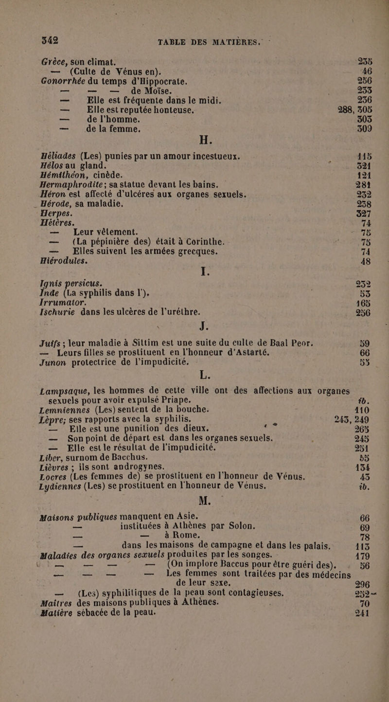 Grèce, son climat. 235 — (Culte de Vénus en). 46 Gonorrhée du temps d’'Hippocrate. 256 — — — de Moïse. 233 — Elle est fréquente dans le midi. 236 — Elle estreputée honteuse. 288, 305 — de l’homme. 303 — de la femme. 309 H. Héliades (Les) punies par un amour incestueux. 115 Hélos au gland. us 321 Hémtlhéon, cinède. 121 Hermaphrodite; sa statue devant les bains. 281 Héron est affecté d’ulcéres aux organes sexuels. 232 _ Hérode, sa maladie. 238 Herpes. 327 Hétères. 74 — Leur vèlement. 75 — (La pépinière des) était à Corinthe. 75 — Elles suivent les armées grecques. 74 Hiérodules. 48 I. Tgnis persicus. 232 Inde (La syphilis dans |). 53 Irrumaior. 165 Ischurie dans les ulcères de l’uréthre. 236 | J. Juifs ; leur maladie à Sittim est une suite du culte de Baal Peor. 59 — Leurs filles se prostituent en l'honneur d’Astarté. 66 Junon protectrice de l’impudicité. 53 L. Lampsaque, les hommes de cette ville ont des affections aux organes sexuels pour avoir expulsé Priape. . Lemniennes (Les) sentent de la bouche. 410 Lèpre; ses rapports avec la syphilis. : 243, 249 — Elle est une punition des dieux. ' 263 — Sonpoint de départ est dans les organes sexuels. à 245 — Elle est le résultat de l’impudicité. 251 Liber, surnom de Bacchus. 55 Lièvres ; ils sont androgynes. 134 Locres (Les femmes de) se prostituent en l'honneur de Vénus. 43 Lydiennes (Les) se prostituent en l'honneur de Vénus. ib. M. Maisons publiques manquent en Asie. 66 — instituées à Athènes par Solon. 69 _. — à Rome. 78 — dans les maisons de campagne et dans les palais. 113 Maladies des organes sexuets produites par les songes. 179 GEL — — ‘ — (Onimplore Baccus pour être guéri des). : 56 CORAN 7 — Les femmes sont traitées par des médecins de leur sexe. 296 — (Les) syphilitiques de la peau sont contagieuses. DND en Maîtres des maisons publiques à Athènes. Matière sébacée de la peau. 941