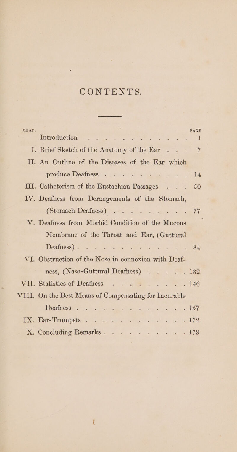 CONTENTS. Introduction produce Deafness (Stomach Deafness) Membrane of the Throat and Ear, (Guttural Deafness) . ness, (Naso-Guttural Deafness) Deafness . PAGE 84