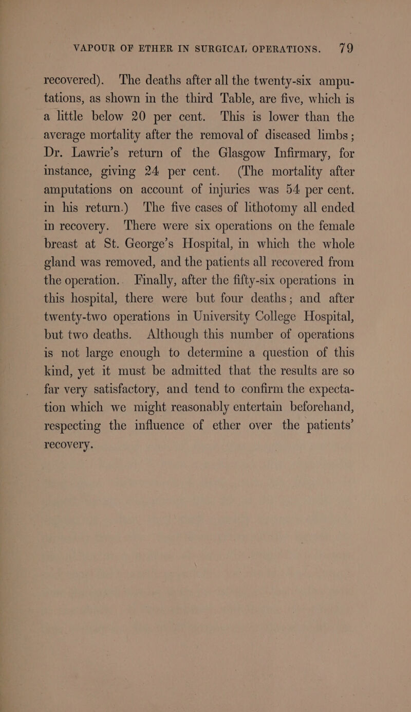 recovered). The deaths after all the twenty-six ampu- tations, as shown in the third Table, are five, which is a little below 20 per cent. This is lower than the average mortality after the removal of diseased limbs ; Dr. Lawrie’s return of the Glasgow Infirmary, for instance, giving 24 per cent. (The mortality after amputations on account of injuries was 54 per cent. in his return.) The five cases of lithotomy all ended m recovery. ‘There were six operations on the female breast at St. George’s Hospital, m which the whole gland was removed, and the patients all recovered from the operation.. Finally, after the fifty-six operations in this hospital, there were but four deaths; and after twenty-two operations in University College Hospital, but two deaths. Although this number of operations is not large enough to determine a question of this kind, yet it must be admitted that the results are so far very satisfactory, and tend to confirm the expecta- tion which we might reasonably entertain beforehand, respecting the influence of ether over the patients’ recovery.