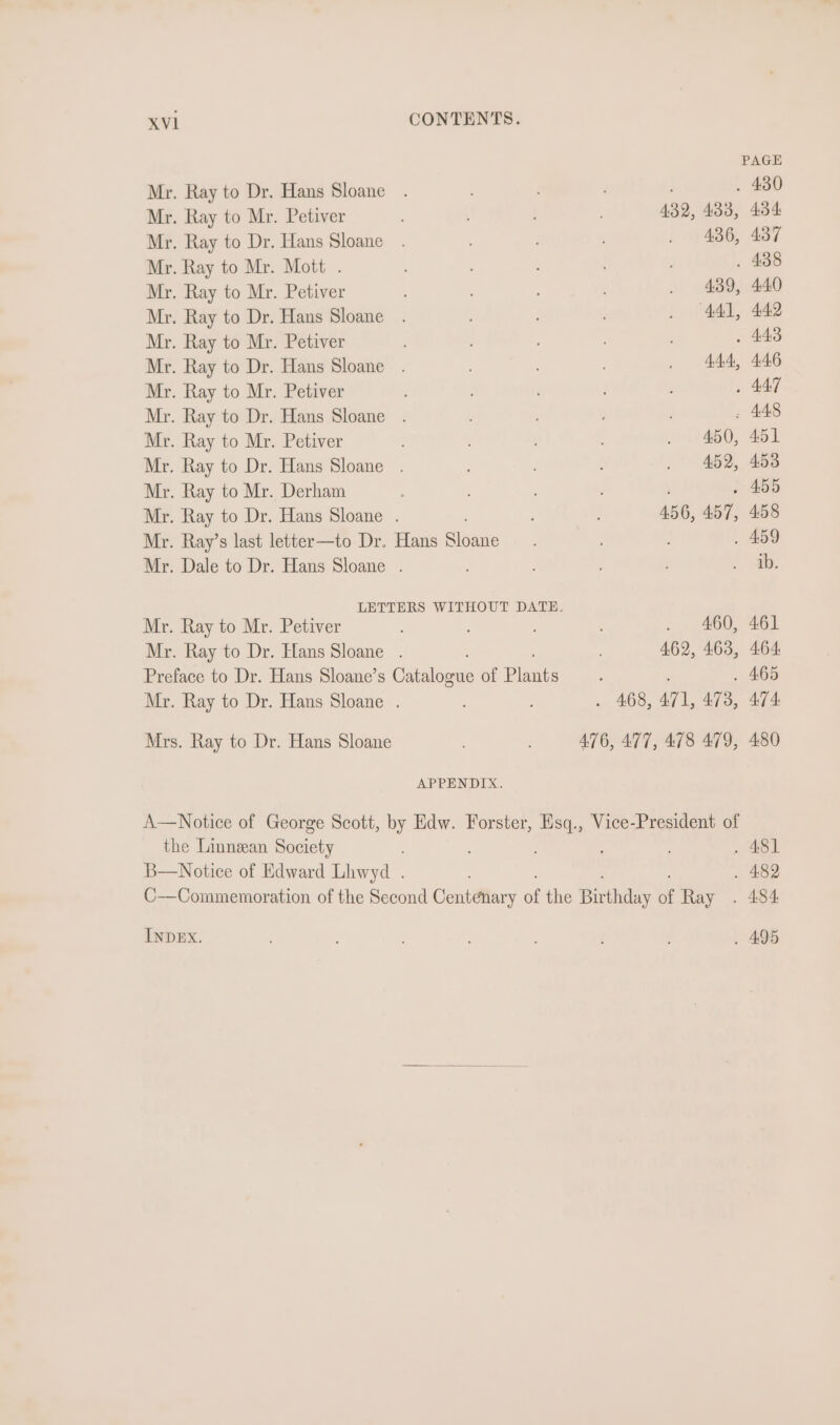 PAGE Mr. Ray to Dr. Hans Sloane . . . 430 Mr. Ray to Mr. Petiver 432, 433, 434: Mr. Ray to Dr. Hans Sloane . ; ; . 486, 437 Mr. Ray to Mr. Mott . ; ; . 438 Mr, Ray to Mr. Petiver , . 489, 440 Mr. Ray to Dr. Hans Sloane . ; . 441, 442 Mr. Ray to Mr. Petiver . 443 Mr. Ray to Dr. Hans Sloane . . 444, 446 Mr. Ray to Mr. Petiver ; . 447 Mr. Ray to Dr. Hans Sloane . - 448 Mr. Ray to Mr. Petiver | i850, 451 Mr. Ray to Dr. Hans Sloane . : . 452, 4538 Mr. Ray to Mr. Derham . 455 Mr. Ray to Dr. Hans Sloane . , : 456, 457, 458 Mr. Ray’s last letter—to Dr. Hans Sloane. ; . 459 Mr. Dale to Dr. Hans Sloane . . th. LETTERS WITHOUT DATE. Mr. Ray to Mr. Petiver . 460, 461 Mr. Ray to Dr. Hans Sloane . 462, 463, 464. Preface to Dr. Hans Sloane’s Cisleme of igure ; . 465 Mr. Ray to Dr. Hans Sloane . : . 468, 471, 473, 474 Mrs. Ray to Dr. Hans Sloane 476, 477, 478 479, 480 APPENDIX. A—Notice of George Scott, = Edw. Forster, Esq., Vice-President of the Linneean Society . 481 B—Notice of Edward Lhwyd . . 482 C—Commemoration of the Second Ceniaiany af the crane if Ray . 484 INDEX. ; ; : : é ¢ . 495