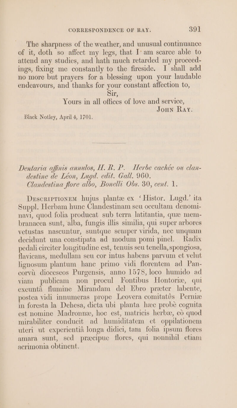 The sharpness of the weather, and unusual continuance of it, doth so affect my legs, that I- am scarce able to attend any studies, and hath much retarded my proceed- ings, fixing me constantly to the fireside. I shall add no more but prayers for a blessing upon your laudable endeavours, and thanks for your constant affection to, Sir, Yours in all offices of love and service, JoHN Ray. Black Notley, April 4, 1701. Dentaria afinis annulos, H. R. P. Herbe cachée ou clan- destine de Léon, Iugd. edit. Gall. 960. Clandestina flore albo, Bonelli Obs. 30, cent. 1. DescriptioneM hujus plante ex ‘ Histor. Lugd.’ ita Suppl. Herbam hunc Clandestinam seu occultam denomi- navi, quod folia producat sub terra latitantia, que mem- branacea sunt, alba, fungis illis similia, qui super arbores vetustas nascuntur, suntque semper virida, nec unquam decidunt una constipata ad modum pomi pinel. Radix pedali circiter longitudine est, tenuis seu tenella, spongiosa, flavicans, medullam seu cor intus habens parvum et velut lignosum plantum hanc primo vidi florentem ad Pan- corvu. dioceseos Purgensis, anno 1578, loco humido ad viam publicam non procul Fontibus Hontoria, qui exeunti flumine Mirandam del Ebro preter labente, postea vidi innumeras prope Leovera comitatis Perniz in foresta la Dehesa, dicta ubi planta haec probe cognita est nomine Madronnee, hoc est, matricis herbs, eo quod mirabiliter conducit ad humiditatem et oppilationem uteri ut experientid longa didici, tam folia ipsum flores amara sunt, sed preecipue flores, qui nonnihil etiam acrimonia obtinent.