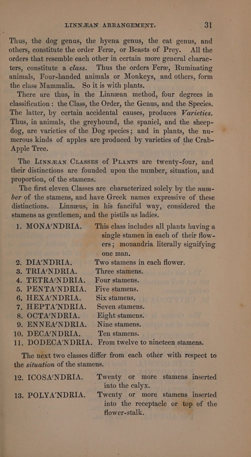 Thus, the dog genus, the hyena genus, the cat genus, and others, constitute the order Ferse, or Beasts of Prey. All the orders that resemble each other in certain more general charae- ters, constitute a class. Thus the orders Fere, Ruminating animals, Four-handed animals or Monkeys, and others, form the class Mammalia. So it is with plants. There are thus, in the Linnean method, four degrees in classification : the Class, the Order, the Genus, and the Species. The latter, by certain accidental causes, produces Varieties. Thus, in animals, the greyhound, the spaniel, and the sheep- dog, are varieties of the Dog species; and in plants, the nu- merous kinds of apples are produced by varieties of the Crab- Apple Tree. The Linnman Cuasses of Piants are twenty-four, and their distinctions are founded upon the number, sitwation, and proportion, of the stamens: The first eleven Classes are characterized solely by the num- ber of the stamens, and have Greek names expressive of these distinctions. Linnzus, in his fanciful way, considered the stamens as gentlemen, and the pistils as ladies. 1 MONA/NDRIA. This class includes all plants having a single stamen in each of their flow- ers; monandria literally signifying - one man. 2. DIA’NDRIA. Two stamens in each flower. 3. TRIA/NDRIA. Three stamens. 4. TETRA/NDRIA. Four stamens. 5. PENTA’NDRIA. Five stamens. 6. HEX A/NDRIA. Six stamens. 7, HEPTA’NDRIA. — Seven stamens. 8. OCTA/NDRIA. Eight stamens. 9. ENNEA/NDRIA. Nine stamens. 10. DECA/NDRIA. Ten stamens. 11. DODECA/NDRIA. From twelve to nineteen stamens. The next two classes differ from each other with respect to the situation of the stamens. 12. ICOSA/NDRIA. ‘Twenty or more stamens inserted into the calyx. 13. POLYA’NDRIA. Twenty or more stamens inserted into the receptacle or on of the flower-stalk.