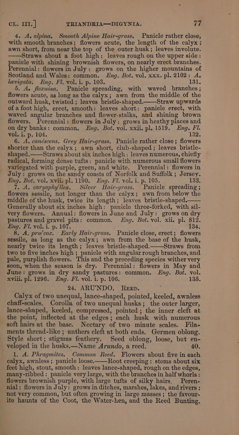 4, A, alpina. Smooth Alpine Hair-grass. Panicle rather close, with smooth branches; flowers acute, the length of the calyx ; awn short, from near the top of the outer husk; leaves involute. ——Straws about a foot high: leaves rough on the upper side: panicle with shining brownish flowers, on nearly erect branches. Perennial: flowers in July: grows on the higher mountains of Scotland and Wales: common. ng. Bot. vol. xxx. pl. 2102: A. levigata. Eng. Fl. vol. i. p. 103. 131. 5. A. flexudsa. Panicle spreading, with waved branches; flowers acute, as long as the calyx; awn from the middle of the outward husk, twisted; leaves bristle-shaped. Straw upwards of a foot high, erect, smooth: leaves short: panicle erect, with waved angular branches and flower-stalks, and shining brown flowers. Perennial: flowers in July: grows in heathy places and on dry banks: common, Eng. Bot. vol. xxii. pl. 1519. Eng. Fi. vol. i. p. 104. 132. 6. A. canéscens. Grey Hair-grass. Panicle rather close; flowers shorter than the calyx; awn short, club-shaped; leaves bristle- shaped.——Straws about six inches high: leaves numerous, chiefly radical, forming dense tufts: panicle with numerous small flowers variegated with purple, green, and white. Perennial: flowers in July : grows on the sandy coasts of Norfolk and Suffolk ; Jersey. Eng. Bot. vol. xvii. pl. 1190. Eng. Fi. vol. i. p. 105. 133. 7. A. caryophyllea. Silver Hair-grass. Panicle spreading ; flowers sessile, not longer than the calyx; awn from below the middle of the husk, twice its length; leaves bristle-shaped. Generally about six inches high: panicle three-forked, with sil- very flowers. Annual: flowers in June and July: grows on dry pastures and gravel pits: common. Eng. Bot. vol. xii. pl. 812. Eng. Fi. vol. i. p. 107. 134. 8. A. pre'cor. Early Hair-grass. Panicle close, erect; flowers sessile, as long as the calyx; awn from the base of the husk, nearly twice its length; leaves bristle-shaped. Straws from two to five inches high ; panicle with angular rough branches, and pale, purplish flowers. This and the preceding species wither very soon, when the season is dry. Perennial: flowers in May and June: grows in dry sandy pastures: common. Lng. Bot. vol. Xviil. pl. 1296. Eng. Fl. vol. i. p. 106. 135. 24. ARU’NDO. Resp. Calyx of two unequal, lance-shaped, pointed, keeled, awnless chaff-scales. Corolla of two unequal husks; the outer larger, lance-shaped, keeled, compressed, pointed ; the inner cleft at the point, inflected at the edges; each husk with numerous soft hairs at the base. Nectary of two minute scales. Fila- ments thread-like ; anthers cleft at both ends. Germen oblong. Style short; stigmas feathery. Seed oblong, loose, but en- veloped in the husks.—Name Arundo, a reed. 40. 1. A. Phragmites. Common Reed. Flowers about five in each calyx, awnless; panicle loose. Root creeping: stems about six feet high, stout, smooth: leaves lance-shaped, rough on the edges, many-ribbed: panicle very large, with the branches in half whorls: flowers brownish purple, with large tufts of silky hairs. Peren- nial: flowers in July: grows in ditches, marshes, lakes, and rivers : not very common, but often growing in large masses; the favour- ite haunts of the Coot, the Water-hen, and the Reed Bunting,