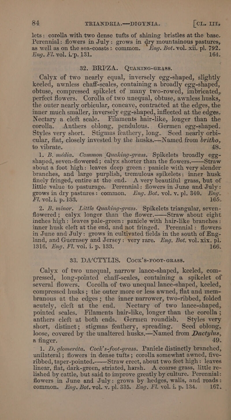 lets: corolla with two dense tufts of shining bristles at the base. Perennial: flowers in July: grows in dry mountainous pastures, as well as on the sea-coasts: common, Lng. Bot. vol. xii. pl. 792. Eng. Fl. vol. ip. 131. 164. 32. BRIVVZA. QUAKING-GRABS, Calyx of two nearly equal, inversely egg-shaped, slightly keeled, awnless chaff-scales, containing a broadly egg-shaped, obtuse, compressed spikelet of many two-rowed, imbricated, perfect flowers. Corolla of two unequal, obtuse, awnless husks, the outer nearly orbicular, concave, contracted at the edges, the inner much smaller, inversely egg-shaped, inflected at the edges. Nectary a cleft scale. Filaments hair-like, longer than the corolla, Anthers oblong, pendulous. Germen egg-shaped. Styles very short. Stigmas feathery, long. Seed nearly orbi- cular, flat, closely invested by the husks.—Named from britho, to vibrate. c 1. B. média. Common Quaking-grass. Spikelets broadly egg- shaped, seven-flowered ; calyx shorter than the flowers. Straw about a foot high: leaves deep green: panicle with very slender branches, and large purplish, tremulous spikelets: inner husk finely fringed, entire at the end. A very beautiful grass, but of little value to pasturage. Perennial: flowers in June and July: grows in dry pastures: common. Lng. Bot. vol. v. pl. 340. Eng. Fi, vol. i. p. 183. 165. 2. B. minor. Little Quaking-grass. Spikelets triangular, seven- flowered; calyx longer than the flower.——Straw about eight inches high: leaves pale-green: panicle with hair-like branches: inner husk cleft at the end, and not fringed. Perennial: flowers in June and July: grows in cultivated fields in the south of Eng- land, and Guernsey and Jersey: very rare. Eng. Bot. vol. xix. pl. 1316. Eng. Fi. vol. i. p. 133. 166. 33. DA/CTYLIS. Cocx’s-Froot-GRass. Calyx of two unequal, narrow lance-shaped, keeled, com- pressed, long-pointed chafi-scales, containing a spikelet of several flowers. Corolla of two unequal lance-shaped, keeled, compressed husks; the outer more or less awned, flat and mem- branous at the edges; the inner narrower, two-ribbed, folded acutely, cleft at the end. Nectary of two lance-shaped, pointed scales. Filaments hair-like, longer than the corolla ; anthers cleft at both ends. Germen roundish. Styles very short, distinct; stigmas feathery, spreading. Seed oblong, loose, covered by the unaltered husks,—Named from Dactylus, a finger. 49. 1. D. glomerdta. Cock’s-foot-grass. Panicle distinetly branched, unilateral; flowers in dense tufts; corolla somewhat awned, five- ribbed, taper-pointed.-——Straw erect, about two feet high: leaves linear, flat, dark-green, striated, harsh. A coarse grass, little re- lished by cattle, but said to improve greatly by culture. Perennial: flowers in June and July: grows by hedges, walls, and roads: common. Lng. Bot. vol. v. pl. 335. Eng. Fl. yol. i. p. 134, 167, |