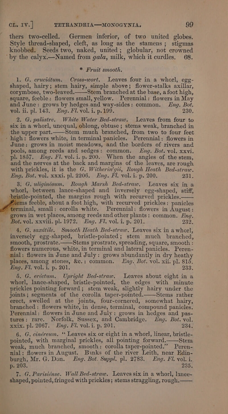 thers two-celled. Germen inferior, of two united globes. Style thread-shaped, cleft, as long as the stamens ; stigmas knobbed. Seeds two, naked, united; globular, not crowned ‘by the calyx.—Named from gala, milk, which it curdles. 68. * Fruit smooth. 1. G. crucidtum. Cross-wort. Leaves four in a whorl, egg- shaped, hairy; stem hairy, simple above; flower-stalks axillar, corymbose, two-leaved. Stem branched at the base, a foot high, square, feeble: flowers small, yellow. Perennial: flowers in May and June: grows by hedges.and way-sides: common. Eng. Bot. vol. ii. pl. 1438. Eng. Fl. vol. i. p.199. 230, 2. G. palustre. White Water Bed-straw. Leaves from four to six in a whorl, unequal, oblong, obtuse ; stems weak, branched in the upper part. Stem much branched, from two to four feet - high: flowers white, in terminal panicles. Perennial: flowers in June: grows in moist meadows, and the borders of rivers and pools, among reeds and sedges: common. Lng. Bot. vol. xxvi. pl. 1857. Eng. Fl. vol. i. p. 200.. When the angles of the stem, and the nerves at the back and margins of the leaves, are rough with prickles, it is the G. Witherin'git, Rough Heath Bed-straw. Eng. Bot. vol. xxxi. pl. 2206. Eng. Fl. vol. i. p. 200. 231. 3. G. uligindsum. Rough Marsh Bed-straw. Leaves six in a whorl, between lance-shaped and inversely egg-shaped, stiff, bristle-pointed, the margins rough with recurved prickles. ms feeble, about a foot high, with recurved prickles: panicles erminal, small: corolla white. Perennial: flowers in August: grows in wet places, among reeds and other plants: common. Eng. Bot. vol. xxviii. pl. 1972. Eng. Fl. vol. i. p. 201. 232. 4, G. saxdtile. Smooth Heath Bed-straw. Leaves six in a whorl, inversely egg-shaped, bristle-pointed; stem much _ branched, smooth, prostrate. Stems prostrate, spreading, square, smooth : flowers numerous, white, in terminal and lateral panicles. Peren- nial: flowers in June and July: grows abundantly in dry heathy places, among stones, &amp;c.: common. ng. Bot. vol. xii. pl. 815. Eng. Fi. vol. i. p. 201. 233. 5. G. eréctum. Upright Bed-straw. Leaves about eight in a whorl, lance-shaped, bristle-pointed, the edges with minute prickles pointing forward; stem weak, slightly hairy under the joints; segments of the corolla taper-pointed. Stems rather erect, swelled at the joints, four-cornered, somewhat hairy, branched: flowers white, in dense, terminal, compound panicles. Perennial: flowers in June and July: grows in hedges and pas- tures: rare. Norfolk, Sussex, and Cambridge. Lng. Bot. vol. xxix. pl. 2067. Eng. Fi. vol.i. p. 201. 234, 6. G. cinéreum. ‘* Leaves six or eight in a whorl, linear, bristle- pointed, with marginal prickles, all pointing forward. Stem weak, much branched, smooth: corolla taper-pointed.”” Peren- nial: flowers in August. Binks of the river Leith, near Edin- burgh, Mr. G. Don. Lng. Bot. Suppl. pl. 2788. Eng. Fi. vol. i. p- 203. 235. 7. G. Parisiénse. Wall Bed-straw. Leaves six in a whorl, lance-~ shaped, pointed, fringed with prickles; stems straggling, rough.