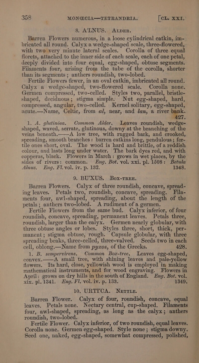 8. AXLNUS. ALDER. Barren Flowers numerous, in a loose cylindrical catkin, im- bricated all round. Calyx a wedge-shaped scale, three-flowered, with two very minute lateral scales. Corolla of three equal florets, attached to the inner side of each scale, each of one petal, deeply divided into four equal, egg-shaped, obtuse segments. Filaments four, arising from the tube of the corolla, shorter than its segments ; anthers roundish, two-lobed. Fertile Flowers fewer, in an oval catkin, imbricated all round. Calyx a wedge-shaped, two-flowered scale. Corolla none. Germen compressed, two-celled. Styles two, parallel, bristle- shaped, deciduous; stigma simple. Nut egg-shaped, hard, compressed, angular, two-celled. Kernel solitary, egg-shaped, acute.—Name, Celtic, from al, near, and Jan, a river bank. 427. 1. A. glutindsa. Common Alder. Leaves roundish, wedge- shaped, waved, serrate, glutinous, downy atthe branching of the veins beneath. A low tree, with rugged bark, and crooked, spreading, smooth branches: barren catkins long, pendulous; fer- tile ones short, oval. The wood is hard and brittle, of a reddish colour, and lasts long under water. The bark dyes red, and with copperas, black. Flowers in March: grows in wet places, by the sides of rivers: common. Lng. Bot. vol. xxi. pl. 1508: Betula Alnus. Eng. Fl.vol. iv. p. 182. 1348. 9. BU’XUS. Box-TrRexz. Barren Flowers. Calyx of three roundish, concave, spread- ing leaves. Petals two, roundish, concave, spreading. Fila- ments four, awl-shaped, spreading, about the length of the petals; anthers two-lobed. A rudiment of a germen. Fertile Flowers from the same bud. Calyx inferior, of four roundish, concave, spreading, permanent leaves. Petals three, roundish, larger than the calyx. Germen nearly globular, with three obtuse angles or lobes. Styles three, short, thick, per- manent; stigma obtuse, rough. Capsule globular, with three spreading beaks, three-celled, three-valved. Seeds two in each cell, oblong.—Name from pyzos, of the Greeks. 428. 1. B. sempervirens. Common Boz-tree. Leaves egg-shaped, convex. A small tree, with shining leaves and _pale-yellow flowers. Its hard, close, yellowish wood is employed in making mathematical instruments, and for wood engraving. Flowers in April: grows on dry hills in the south of England. ng. Bot. vol. xix, pl. 1841. Eng. Fl, vol. iv. p. 183. 1349. 10. URTICA. Nertte. Barren Flower. Calyx of four, roundish, concave, equal leaves. Petals none. Nectary central, cup-shaped. Filaments four, awl-shaped, spreading, as long as the calyx; anthers roundish, two-lobed. Fertile Flower. Calyx inferior, of two roundish, equal leaves. Corolla none. Germen egg-shaped. Style none; stigma downy. Seed one, naked, egg-shaped, somewhat compressed, polished,
