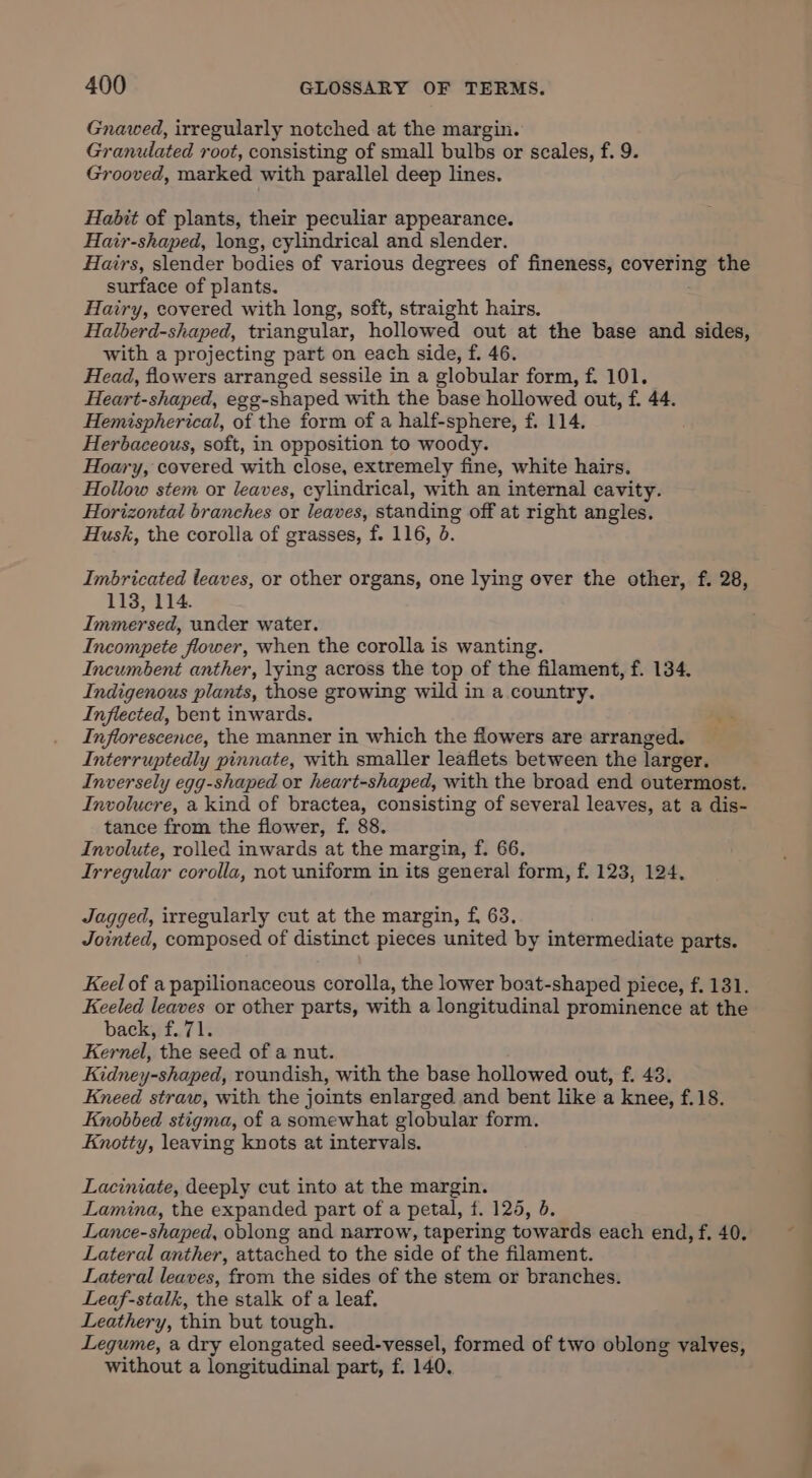 Gnawed, irregularly notched at the margin. Granulated root, consisting of small bulbs or scales, f. 9. Grooved, marked with parallel deep lines. Habit of plants, their peculiar appearance. Hair-shaped, long, cylindrical and slender. Hairs, slender bodies of various degrees of fineness, bia &lt; the surface of plants. Hairy, covered with long, soft, straight hairs. Halberd-shaped, triangular, hollowed out at the base and sides, with a projecting part on each side, f. 46. Head, flowers arranged sessile in a globular form, f. 101. Heart-shaped, egg-shaped with the base hollowed out, f. 44. Hemispherical, of the form of a half-sphere, f. 114. Herbaceous, soft, in opposition to woody. Hoary, covered with close, extremely fine, white hairs. Hollow stem or leaves, cylindrical, with an internal cavity. Horizontal branches or leaves, standing off at right angles, Husk, the corolla of grasses, f. 116, 6 Imbricated leaves, or other organs, one lying over the other, f. 28, 113, 114. Immersed, under water. Incompete flower, when the corolla is wanting. Incumbent anther, lying across the top of the filament, f. 134. Indigenous plants, those growing wild in a country. Inflected, bent inwards. Inflorescence, the manner in which the flowers are arranged. Interruptedly pinnate, with smaller leaflets between the larger. Inversely egg-shaped or heart-shaped, with the broad end outermost. Involucre, a kind of bractea, consisting of several leaves, at a dis- tance from the flower, f. 88. Involute, rolled inwards at the margin, f. 66. Irregular corolla, not uniform in its general form, f. 123, 124. Jagged, irregularly cut at the margin, f, 63, Jointed, composed of distinct pieces united by intermediate parts. Keel of a papilionaceous corolla, the lower boat-shaped piece, f. 131. Keeled leaves or other parts, with a longitudinal prominence at the back, f. 71. Kenda the seed of a nut. Kidney-shaped, roundish, with the base hollowed out, f. 43. Kneed straw, with the joints enlarged and bent like a knee, f.18. Knobbed stigma, of a somewhat globular form. Knotty, leaving knots at intervals. Laciniate, deeply cut into at the margin. Lamina, the expanded part of a petal, f. 125, 6. Lance-shaped, oblong and narrow, tapering towards each end, f. 40. Lateral anther, attached to the side of the filament. Lateral leaves, from the sides of the stem or branches. Leaf-stalk, the stalk of a leaf. Leathery, thin but tough. Legume, a dry elongated seed-vessel, formed of two oblong valves, without a longitudinal part, f. 140,