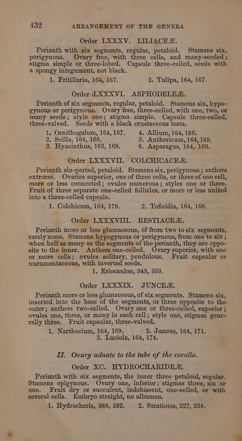 Order LXXXV. LILIACEZ: Perianth with six segments, regular, petaloid. Stamens six, perigynous. Ovary free, with three cells, and many-seeded ; stigma simple or three-lobed. Capsule three-celled, seeds with a spongy integument, not black. 1, Fritillaria, 164, 167. 2. Tulipa, 164, 167. Order LXXXVI. ASPHODELE. Perianth of six segments, regular, petaloid. Stamens six, hypo- gynous or perigynous. Ovary free, three-celled, with one, two, or many seeds; style one; stigma simple. Capsule three-celled, three-valved. Seeds with a black crustaceous testa. 1. Ornithogalum, 164, 167. 4, Allium, 164, 166. 2. Scilla, 164, 168. 5. Anthericum, 164, 169. 3. Hyacinthus, 163, 168. 6. Asparagus, 164, 169. Order LXXXVII. COLCHICACEZ. Perianth six-parted, petaloid. Stamens six, perigynous ; anthers extrorse. Ovaries superior, one of three cells, or three of one cell, more or less connected; ovules numerous; styles one or three. Fruit of three separate one-celled follicles, or more or less united into a three-celled capsule. 1, Colchicum, 164, 179. 2. Tofieldia, 164, 168. Order LXXXVIIL RESTIACER. Perianth more or less glumaceous, of from two to six segments, rarely none. Stamens hypogynous or perigynous, from one to six ; when half as many as the segments of the perianth, they are oppo- site to the inner. Anthers one-celled. Ovary superior, with one or more cells; ovules solitary, pendulous. Fruit capsular or nucumentaceous, with inverted seeds. 1. Eriocaulon, 343, 359. Order LXXXIX, JUNCEZ., Perianth more or less glumaceous, of six segments, Stamens six, inserted into the base of the segments, or three opposite to the outer; anthers two-celled. Ovary one or three-celled, superior ; ovules one, three, or many in each cell; style one, stigmas gene- rally three. Fruit capsular, three-valved. 1. Narthecium, 164, 169. 2. Juncus, 164, 171. 3. Luciola, 164, 174. IT. Ovary adnate to the tube of the corolla. Order XC. HYDROCHARIDEZ. Perianth with six segments, the inner three petaloid, regular. Stamens epigynous. Ovary one, inferior; stigmas three, six or one. Fruit dry or succulent, indehiscent, one-celled, or with several cells. Embryo straight, no albumen. 1. Hydrocharis, 368, 382, 2. Stratiotes, 227, 234.