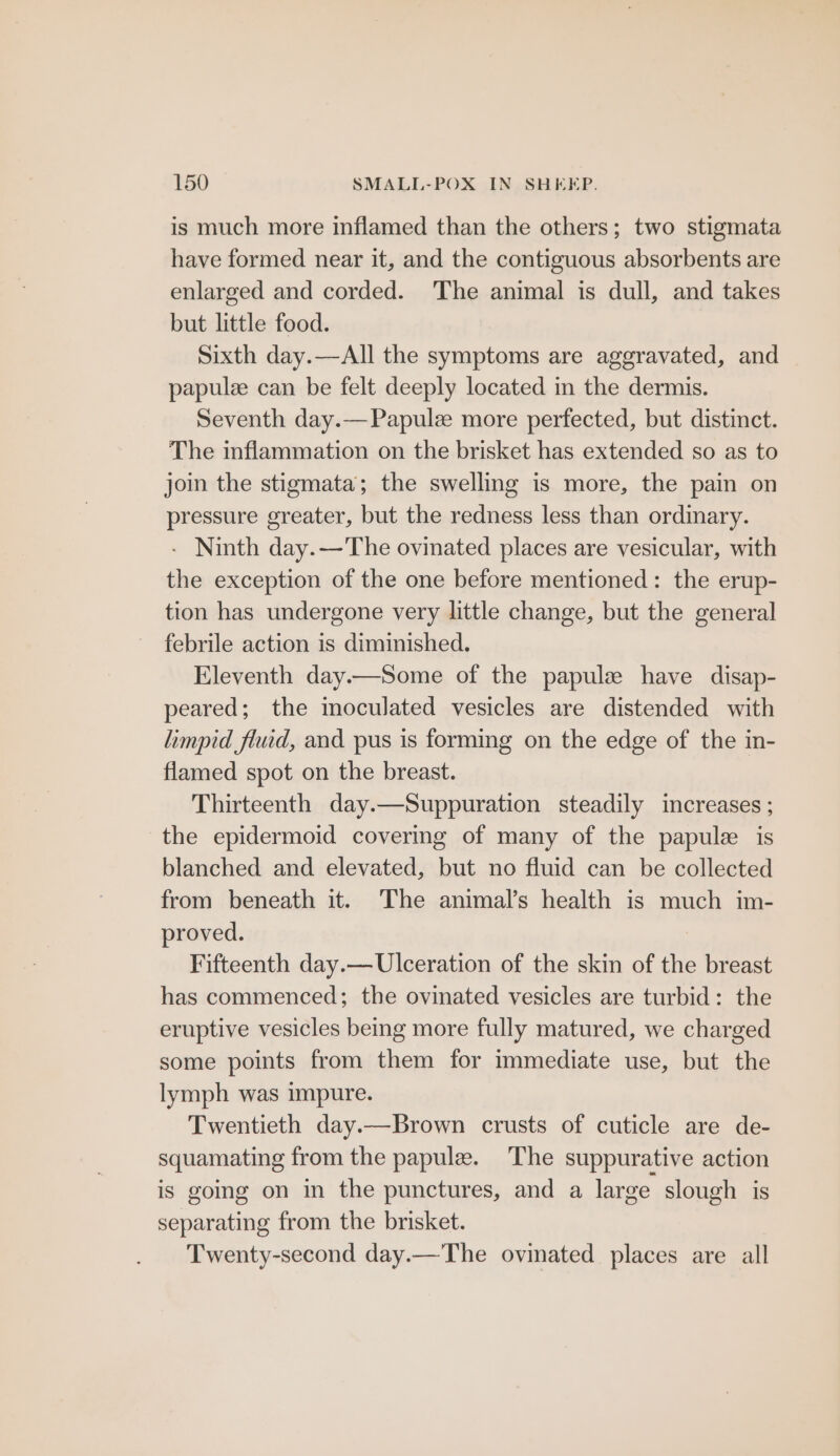 is much more inflamed than the others; two stigmata have formed near it, and the contiguous absorbents are enlarged and corded. ‘The animal is dull, and takes but little food. Sixth day.—All the symptoms are aggravated, and papulze can be felt deeply located in the dermis. Seventh day.—Papule more perfected, but distinct. The inflammation on the brisket has extended so as to join the stigmata; the swelling is more, the pain on pressure greater, but the redness less than ordinary. - Ninth day.—The ovinated places are vesicular, with the exception of the one before mentioned: the erup- tion has undergone very little change, but the general febrile action is diminished. Eleventh day.—Some of the papulz have disap- peared; the moculated vesicles are distended with limpid flucd, and pus is forming on the edge of the in- flamed spot on the breast. Thirteenth day.—Suppuration steadily increases ; the epidermoid covering of many of the papule is blanched and elevated, but no fluid can be collected from beneath it. The animal’s health is much im- proved. Fifteenth day.— Ulceration of the skin of the breast has commenced; the ovinated vesicles are turbid: the eruptive vesicles being more fully matured, we charged some points from them for immediate use, but the lymph was impure. Twentieth day.—Brown crusts of cuticle are de- squamating from the papule. The suppurative action is gomg on in the punctures, and a large slough is separating from the brisket. Twenty-second day.—The ovinated places are all