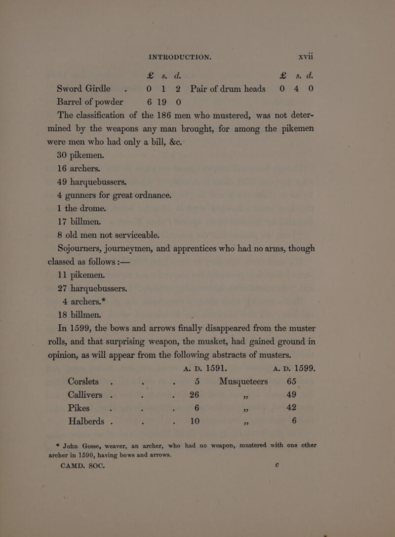 £ s. d. Sor .0-0. Sword Girdle. O 1 2 Pairofdrumheads 0 4 O Barrel of powder Glad The classification of the 186 men who mustered, was not deter- mined by the weapons any man brought, for among the pikemen were men who had only a bill, &amp;c. 30 pikemen. 16 archers. 49 harquebussers. 4 gunners for great ordnance. 1 the drome. 17 billmen. 8 old men not serviceable. Sojourners, journeymen, and apprentices who had no arms, though classed as follows :— 11 pikemen. 27 harquebussers. 4 archers.* 18 billmen. : In 1599, the bows and arrows finally disappeared from the muster rolls, and that surprising weapon, the musket, had gained ground in opinion, as will appear from the following abstracts of musters. A. D. 1591. A. D. 1599. Corslets . : : 5 Musqueteers 65 Callivers . ’ uM h26 &lt;. 49 Pikes : 4 ; 6 ‘ 42 Halberds . ; ft eTO ;, 6 * John Gosse, weaver, an archer, who had no weapon, mustered with one other _ archer in 1590, having bows and arrows. CAMD. SOC. ¢