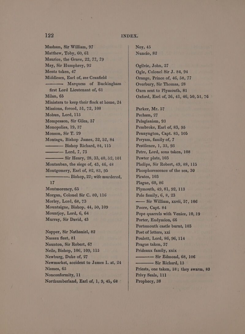 Masham, Sir William, 97 Matthew, Toby, 60, 61 Maurice, the Grave, 22, 77, 79 May, Sir Humphrey, 92 Mentz taken, 47 Middlesex, Earl of, see Cranfield Marquess of Buckingham first Lord Lieutenant of, 61 Milan, 65 Ministers to keep their flock at home, 24 Missions, forced, 51, 72, 108 Mohun, Lord, 115 Mompesson, Sir Giles, 37 Monopolies, 19, 37 Monson, Sir T. 29 Montagu, Bishop James, 32, 52, 84 — Bishop Richard, 84, 115 — Lord, 7, 73 Sir Henry, 28, 33, 40, 52, 101 Montauban, the siege of, 43, 46, 48 Montgomery, Earl of, 82, 83, 95 —- Bishop, 22; wife murdered, 17 Montmorency, 65 Morgan, Colonel Sir C. 80, 116 Morley, Lord, 68, 73 Mountaigne, Bishop, 44, 50, 109 Mountjoy, Lord, 6, 64 Murray, Sir David, 43 Napper, Sir Nathaniel, 82 Nassau fleet, 81 Naunton, Sir Robert, 67 Neile, Bishop, 106, 109, 115 Newburg, Duke of, 27 Newmarket, accident to James I. at, 24 Nismes, 65 Nonconformity, 11 Noy, 45 Nuncio, 82 Ogilvie, John, 27 Ogle, Colonel Sir J. 84, 94 Orange, Prince of, 46, 58, 77 Overbury, Sir Thomas, 28 Oxen sent to Plymouth, 81 Oxford, Earl of, 36, 41, 46, 50, 51, 76 Parker, Mr. 57 Pecham, 27 Pelagianism, 93 Pembroke, Earl of, 83, 95 Pennyngton, Capt. 85, 105 Peryam, family of, 7 Pestilence, 1, 33, 93 Petre, Lord, sons taken, 108 Pewter plate, 103 Phelips, Sir Robert, 49, 88, 115 Phosphorescence of the sea, 30 Pirates, 103 Plague, 60, 86 Plymouth, 49, 81, 92, 113 Pole family, 6, 8, 23 Sir William, xxvii, 57, 106 Poore, Capt. 84 Pope quarrels with Venice, 10, 19 Porter, Endymion, 66 Portsmouth castle burnt, 103 Post of letters, xxi Poulett, Lord, 86, 96, 114 Prague taken, 37 Prideaux family, xxix —-——— Sir Edmond, 68, 106 Sir Richard, 13 Priests, one taken, 18; they swarm, 83 Privy Seals, 111