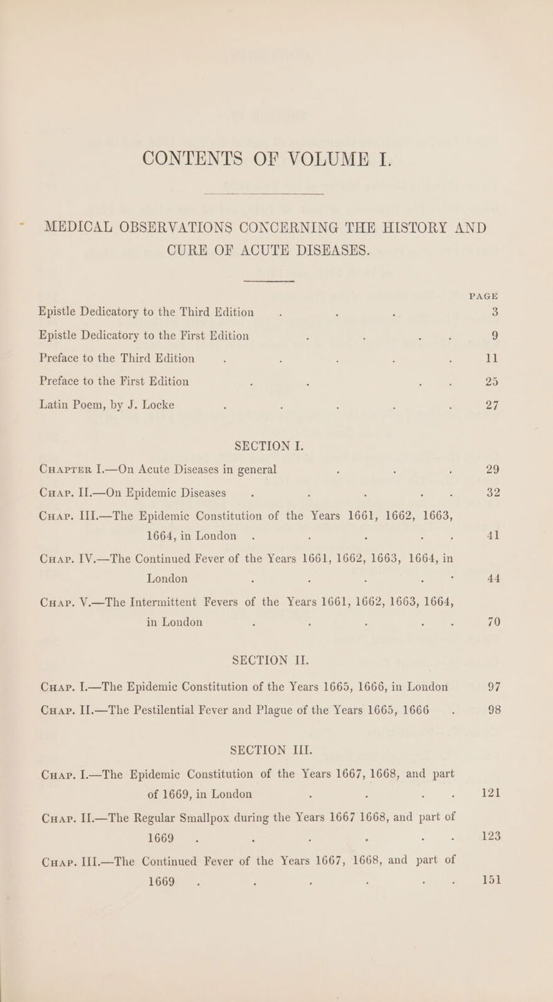 CONTENTS OF VOLUME I. CURE OF ACUTE DISEASES. Epistle Dedicatory to the Third Edition Epistle Dedicatory to the First Edition Preface to the Third Edition Preface to the First Edition Latin Poem, by J. Locke SECTION I. Cuaprer I.—On Acute Diseases in general Cuap. II.—On Epidemic Diseases Cuap. III.—The Epidemic Constitution of the Years 1661, 1662, 1663, 1664, in London Cuapv. IV.—The Continued Fever of the Years 1661, 1662, 1663, 1664, in London Cuna». V.—The Intermittent Fevers of the Years 1661, 1662, 1663, 1664, in London SECTION II. Cuap. I.—The Epidemic Constitution of the Years 1665, 1666, in London Cuap. II.—The Pestilential Fever and Plague of the Years 1665, 1666 SECTION III. Cuap. I.—The Epidemic Constitution of the Years 1667, 1668, and part of 1669, in London Cua». IL—The Regular Smallpox during the Years 1667 1668, and part of 1669 Cua». III.—The Continued Fever of the Years 1667, 1668, and part of 1669 44 97 98 121 123 151