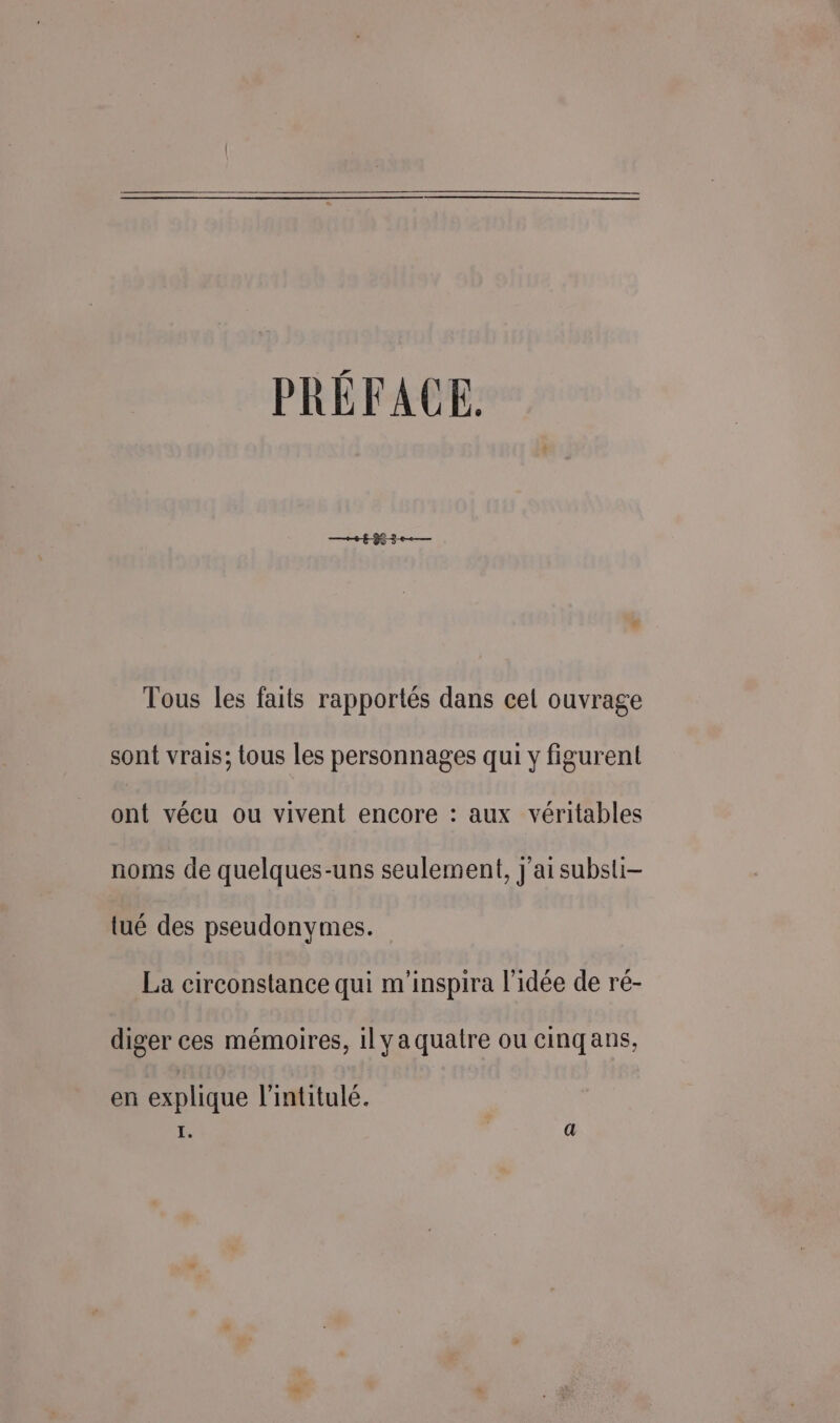 PRÉFACE. Tous les faits rapportés dans cel ouvrage sont vrais; tous les personnages qui y figurent ont vécu ou vivent encore : aux véritables noms de quelques-uns seulement, J'ai subsli- tué des pseudonymes. La circonstance qui m'inspira l'idée de ré- diger ces mémoires, ilya quatre ou cinqans, en explique l'intitulé.