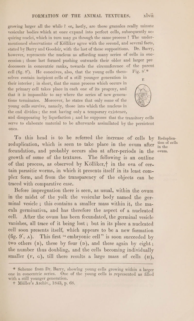 growing larger all the while? or, lastly, are these granules really minute vesicular bodies which at once expand into perfect cells, subsequently ac- quiring nuclei, which in turn may go through the same process ? The under- mentioned pierisians of K6lliker agree with the second, and several facts, stated by Barry and Goodsir, with the last of these suppositions. Dr. Barry, however, represents the nucleus as affording many series of cells in suc- cession ; those last formed pushing outwards their older and larger pre decessors in concentric ranks, towards the circumference of the parent cell (fig. 8’). He conceives, also, that the young cells them- Fig. 8’.* selves. contain incipient cells of a still younger generation in their interior ; in short, that the same process which occurs in the primary cell takes place in each one of its progeny, and that it is impossible to say where the series of new genera- tions terminates. Moreover, he states that only some of the young cells survive, namely, those into which the nucleus in the end divides ; the rest having only a temporary existence, and disappearing by liquefaction ; and he supposes that the transitory cells serve to elaborate material to be afterwards assimilated by the persistent ones, To this head is to be referred the increase of cells by reduplication, which is seen to take place in the ovum after fecundation, and probably occurs also at after-periods in the growth of some of the textures. ‘The following is an outline of that process, as observed by Kolliker,f in the ova of cer- tain parasitic worms, in which it presents itself in its least com- plex form, and from the transparency of the objects can be traced with comparative ease. Before impregnation there is seen, as usual, within the ovum in the midst of the yolk the vesicular body named the ger- minal vesicle ; this contains a smaller mass within it, the ma- cula germinativa, and has therefore the aspect of a nucleated cell. After the ovum has been fecundated, the germinal vesicle vanishes, all trace of it being lost ; but in its place a nucleated cell soon presents itself, which appears to be a new formation (fig. 9’, a). This first “‘ embryonic cell” is soon succeeded by two others (zB), these by four (p), and these again by eight; the number thus doubling, and the cells becoming individually smaller (¥, G), till there results a large mass of cells (#), * Scheme from Dr. Barry, showing young cells growing within a larger one in concentric series. One of the young cells is represented as filled with a still younger g generation, + Miiller’s Archiv, 1843, p. 68. Reduplica- tion of cells in the ovum.
