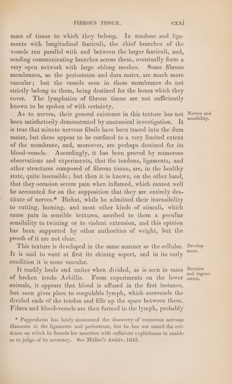 mass of tissue to which they belong. In tendons and liga- ments with longitudinal fasciculi, the chief branches of the vessels run parallel with and between the larger fasciculi, and, sending communicating branches across them, eventually form a very open network with large oblong meshes. Some fibrous membranes, as the periosteum and dura mater, are much more vascular; but the vessels seen in these membranes do not strictly belong to them, being destined for the bones which they cover. ‘The lymphatics of fibrous tissue are not sufficiently known to be spoken of with certainty. As to nerves, their general existence in this texture has not been satisfactorily demonstrated by anatomical investigation. It is true that minute nervous fibrils have been traced into the dura mater, but these appear to be confined to a very limited extent of the membrane, and, moreover, are perhaps destined for its blood-vessels. Accordingly, it has been proved by numerous observations and experiments, that the tendons, ligaments, and other structures composed of fibrous tissue, are, in the healthy state, quite insensible; but then it is known, on the other hand, that they occasion severe pain when inflamed, which cannot well be accounted for on the supposition that they are entirely des- titute of nerves.* Bichat, while he admitted their insensibility to cutting, burning, and most other kinds of stimuli, which cause pain in sensible textures, ascribed to them a peculiar sensibility to twisting or to violent extension, and this opinion has been supported by other authorities of weight, but the proofs of it are not clear. This texture is developed in the same manner as the cellular. It is said to want at first its shining aspect, and in its early condition it is more vascular. It readily heals and unites when divided, as is seen in cases of broken tendo Achillis. From experiments on the lower animals, it appears that blood is effused in the first instance, but soon gives place to coagulable lymph, which surrounds the divided ends of the tendon and fills up the space between them. Fibres and blood-vessels are then formed in the lymph, probably * Pappenheim has lately announced the discovery of numerous nervous filaments in the ligaments and periosteum, but he has not stated the evi- dence on which he founds his assertion with sufficient explicitness to enable us to judge of its accuracy. See Miiller’s Archiv. 1843. Nerves and sensibility. Develop- ment, Reunion and regene- ration.