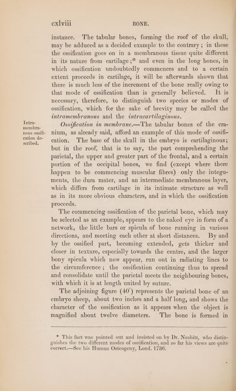 Intra- membra- nous ossifi- cation de- scribed. exlvill BONE. instance. The tabular bones, forming the roof of the skull, may be adduced as a decided example to the contrary ; in these the ossification goes on in a membranous tissue quite different in its nature from cartilage ;* and even in the long bones, in which ossification undoubtedly commences and to a certain extent proceeds in cartilage, it will be afterwards shown that there is much less of the increment of the bone really owing to that mode of ossification than is generally believed. It is necessary, therefore, to distinguish two species or modes of ossification, which for the sake of brevity may be called the intramembranous and the tntracartilaginous. Ossification in membrane.—The tabular bones of the cra- nium, as already said, afford an example of this mode of ossifi- cation. ‘The base of the skull in the embryo is cartilaginous; but in the roof, that is to say, the part comprehending the parietal, the upper and greater part of the frontal, and a certain portion of the occipital bones, we find (except where there happen to be commencing muscular fibres) only the integu- ments, the dura mater, and an intermediate membranous layer, which differs from cartilage in its intimate structure as well as in its more obvious characters, and in which the ossification proceeds. The commencing ossification of the parietal bone, which may be selected as an example, appears to the naked eye in form of a network, the little bars or spicula of bone running in various directions, and meeting each other at short distances. By and by the ossified part, becoming extended, gets thicker and closer in texture, especially towards the centre, and the larger bony spicula which now appear, run out in radiating lines to the circumference ; the ossification continuing thus to spread and consolidate until the parietal meets the neighbouring bones, with which it is at length united by suture. The adjoining figure (40°) represents the parietal bone of an embryo sheep, about two inches and a half long, and shows the character of the ossification as it appears when the object is magnified about twelve diameters. ‘The bone is formed in * This fact was pointed out and insisted on by Dr. Nesbitt, who distin- guishes the two different modes of ossification, and so far his views are quite correct.—See his Human Osteogeny, Lond. 1736.