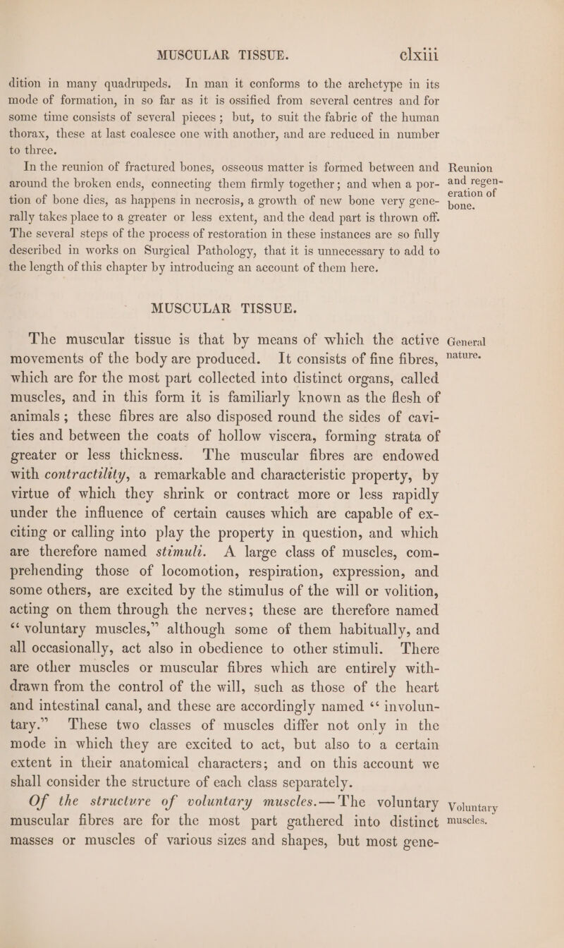 dition in many quadrupeds. In man it conforms to the archetype in its mode of formation, in so far as it is ossified from several centres and for some time consists of several pieces; but, to suit the fabric of the human thorax, these at last coalesce one with another, and are reduced in number to three. In the reunion of fractured bones, osseous matter is formed between and around the broken ends, connecting them firmly together; and when a por- tion of bone dies, as happens in necrosis, a growth of new bone very gene- rally takes place to a greater or less extent, and the dead part is thrown off. The several steps of the process of restoration in these instances are so fully described in works on Surgical Pathology, that it is unnecessary to add to the length of this chapter by introducing an account of them here. MUSCULAR TISSUE. The muscular tissue is that by means of which the active movements of the body are produced. It consists of fine fibres, which are for the most part collected into distinct organs, called muscles, and in this form it is familiarly known as the flesh of animals ; these fibres are also disposed round the sides of cavi- ties and between the coats of hollow viscera, forming strata of greater or less thickness. The muscular fibres are endowed with contractility, a remarkable and characteristic property, by virtue of which they shrink or contract more or less rapidly under the influence of certain causes which are capable of ex- citing or calling into play the property in question, and which are therefore named stimulz. A large class of muscles, com- prehending those of locomotion, respiration, expression, and some others, are excited by the stimulus of the will or volition, acting on them through the nerves; these are therefore named *“‘ voluntary muscles,” although some of them habitually, and all occasionally, act also in obedience to other stimuli. There are other muscles or muscular fibres which are entirely with- drawn from the control of the will, such as those of the heart and intestinal canal, and these are accordingly named ‘‘ involun- tary.” These two classes of muscles differ not only in the mode in which they are excited to act, but also to a certain extent in their anatomical characters; and on this account we shall consider the structure of each class separately. Of the structure of voluntary muscles.—The voluntary muscular fibres are for the most part gathered into distinct masses or muscles of various sizes and shapes, but most gene- Reunion and regen eration of bone. General nature. Voluntary muscles,