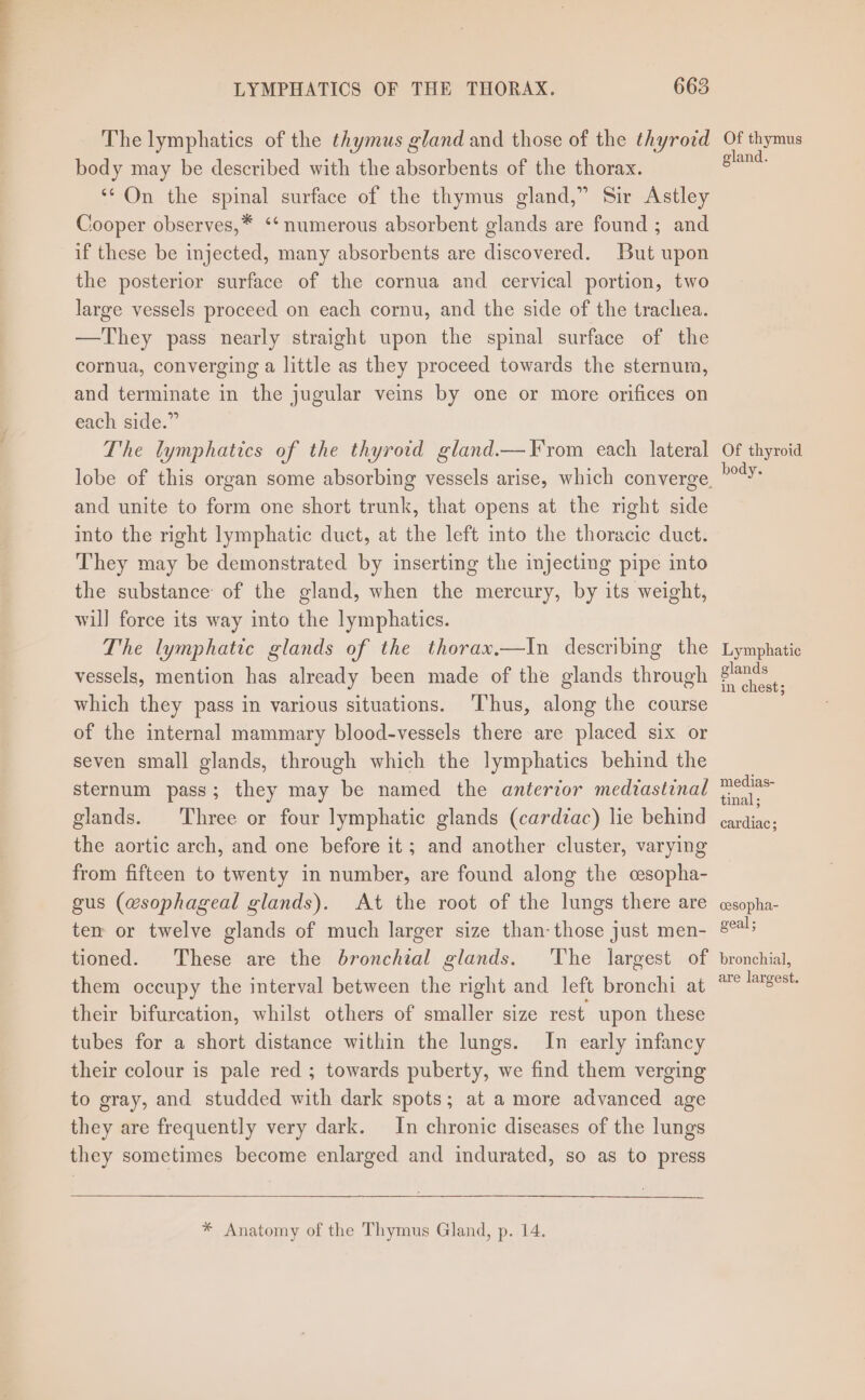 The lymphatics of the thymus gland and those of the thyroid body may be described with the absorbents of the thorax. ‘* On the spinal surface of the thymus gland,” Sir Astley Cooper observes,* ‘‘numerous absorbent glands are found; and if these be injected, many absorbents are discovered. But upon the posterior surface of the cornua and cervical portion, two large vessels proceed on each cornu, and the side of the trachea. —They pass nearly straight upon the spinal surface of the cornua, converging a little as they proceed towards the sternum, and terminate in the jugular veins by one or more orifices on each side.” The lymphatics of the thyroid gland.—F rom each lateral lobe of this organ some absorbing vessels arise, which converge. and unite to form one short trunk, that opens at the right side into the right lymphatic duct, at the left into the thoracic duct. They may be demonstrated by inserting the injecting pipe into the substance of the gland, when the mercury, by its weight, will force its way into the lymphatics. The lymphatic glands of the thorax.—In describing the vessels, mention has already been made of the glands through which they pass in various situations. Thus, along the course of the internal mammary blood-vessels there are placed six or seven small glands, through which the lymphatics behind the sternum pass; they may be named the anterior mediastinal glands. ‘Three or four lymphatic glands (cardiac) lie behind the aortic arch, and one before it; and another cluster, varying from fifteen to twenty in number, are found along the csopha- gus (wsophageal glands). At the root of the lungs there are tem or twelve glands of much larger size than- those just men- tioned. These are the bronchial glands. ‘The largest of them occupy the interval between the right and left bronchi at their bifurcation, whilst others of smaller size rest upon these tubes for a short distance within the lungs. Im early infancy their colour is pale red ; towards puberty, we find them verging to gray, and studded with dark spots; at a more advanced age they are frequently very dark. In chronic diseases of the lungs they sometimes become enlarged and indurated, so as to press * Anatomy of the Thymus Gland, p. 14. Of thymus gland. Of thyroid body. Lymphatic glands in chest; medias- tinal; cardiac; cesopha- geal; bronchial, are largest.