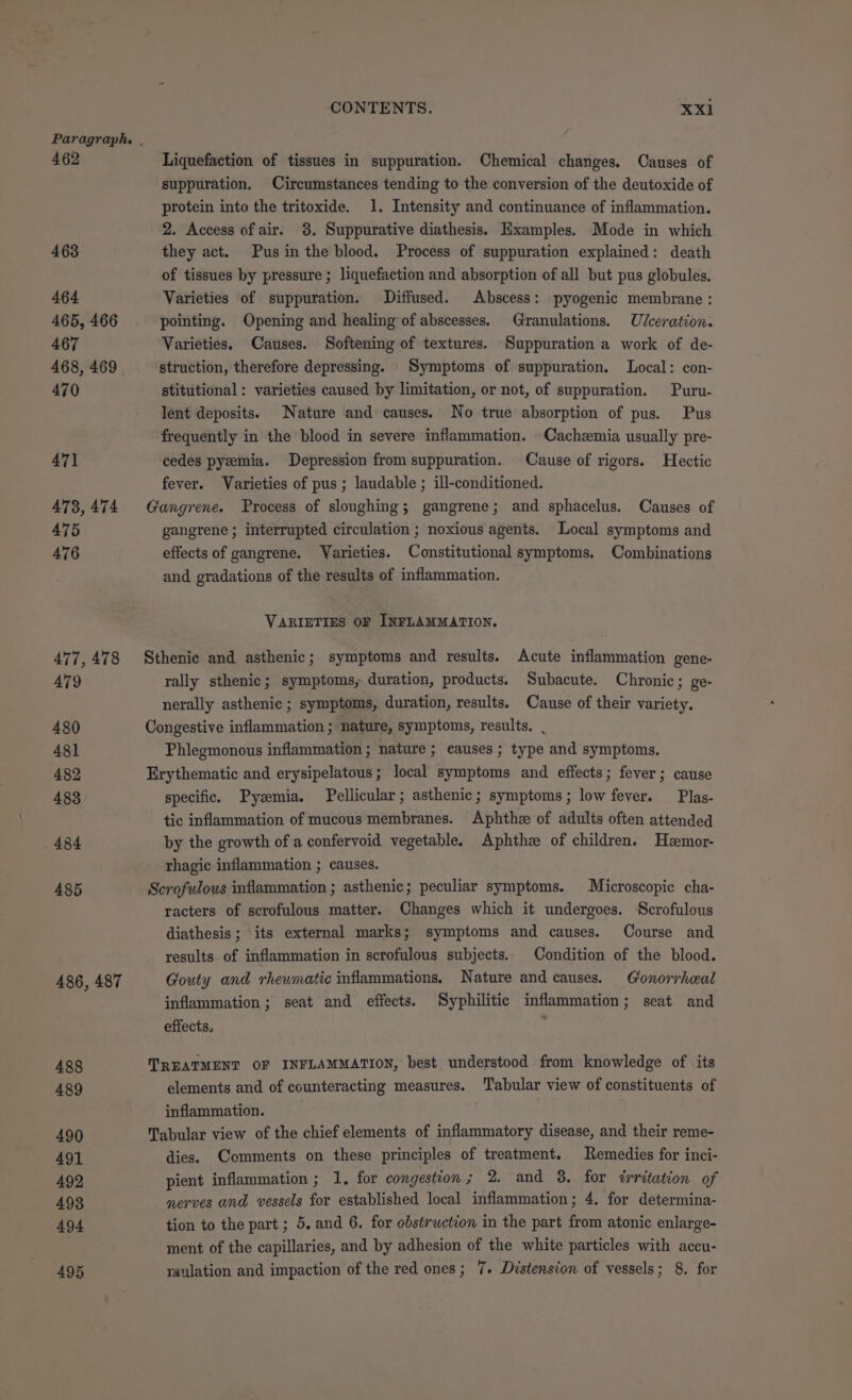 462 463 464 465, 466 467 468, 469 470 471 473, 474 475 476 477, 478 479 480 481 482 483 484 485 486, 487 Liquefaction of tissues in suppuration. Chemical changes. Causes of suppuration. Circumstances tending to the conversion of the deutoxide of protein into the tritoxide. 1. Intensity and continuance of inflammation. 2. Access of air. 38, Suppurative diathesis. Examples. Mode in which they act. Pus inthe blood. Process of suppuration explained: death of tissues by pressure ; liquefaction and absorption of all but pus globules. Varieties of suppuration. Diffused. Abscess: pyogenic membrane : pointing. Opening and healing of abscesses. Granulations. Ulceration. Varieties. Causes. Softening of textures. Suppuration a work of de- struction, therefore depressing. Symptoms of suppuration. Local: con- stitutional: varieties caused by limitation, or not, of suppuration. Puru- lent deposits. Nature and causes. No true absorption of pus. Pus frequently in the blood in severe inflammation. Cachzemia usually pre- cedes pyeemia. Depression from suppuration. Cause of rigors. Hectic fever. Varieties of pus ; laudable ; ill-conditioned. Gangrene. Process of sloughing; gangrene; and sphacelus. Causes of gangrene ; interrupted circulation ; noxious agents. Local symptoms and effects of gangrene. Varieties. Constitutional symptoms. Combinations and gradations of the results of inflammation. VARIETIES OF INFLAMMATION. Sthenic and asthenic; symptoms and results. Acute inflammation gene- rally sthenic; symptoms, duration, products. Subacute. Chronic; ge- nerally asthenic ; symptoms, duration, results, Cause of their variety. Congestive inflammation ; nature, symptoms, results. | Phlegmonous inflammation ; nature ; eauses ; type and symptoms. Erythematic and erysipelatous; local symptoms and effects; fever; cause specific. Pyzmia. Pellicular; asthenic; symptoms; low fever. Plas- tic inflammation of mucous membranes. Aphthe of adults often attended by the growth of a confervoid vegetable. Aphthz of children. Heemor- rhagic inflammation ; causes. Scrofulous inflammation ; asthenic; peculiar symptoms. Microscopic cha- racters of scrofulous matter. Changes which it undergoes. Scrofulous diathesis; its external marks; symptoms and causes. Course and results. of inflammation in scrofulous subjects. Condition of the blood. Gouty and rheumatic inflammations. Nature and causes. Gronorrheal inflammation; seat and effects. Syphilitic inflammation; seat and effects, : TREATMENT OF INFLAMMATION, best understood from knowledge of its elements and of counteracting measures. Tabular view of constituents of inflammation. Tabular view of the chief elements of inflammatory disease, and their reme- dies. Comments on these principles of treatment. Remedies for inci- pient inflammation ; 1, for congestion; 2. and 38. for irritation of nerves and vessels for established local inflammation; 4. for determina- tion to the part ; 5. and 6. for obstruction in the part from atonic enlarge- ment of the capillaries, and by adhesion of the white particles with accu- raulation and impaction of the red ones; 7. Distension of vessels; 8. for