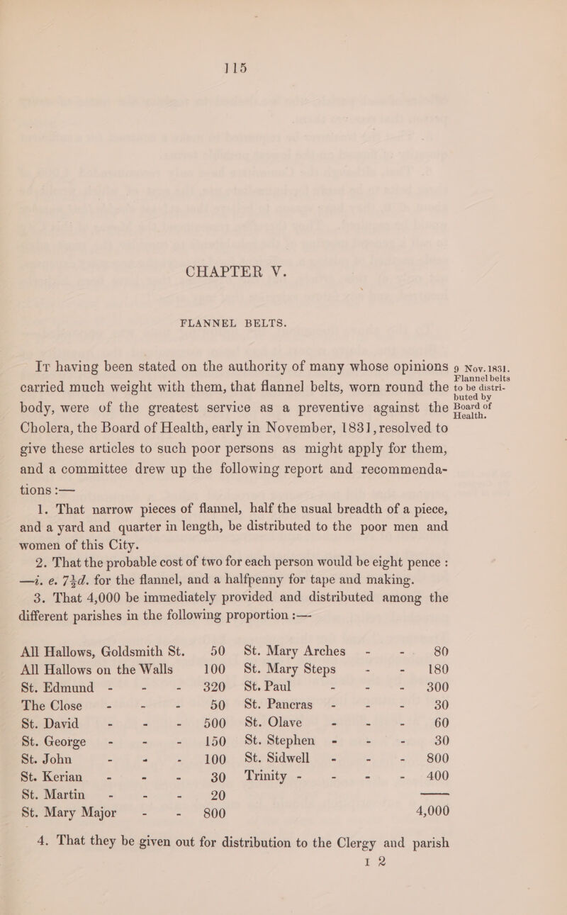 CHAPTER V. FLANNEL BELTS. Ir having been stated on the authority of many whose opinions 9 Nov.1831. - : : Flannel belts carried much weight with them, that flannel belts, worn round the to be distri uted by Z ae 1 j Board of body, were of the greatest service as a preventive against the Pears ¢ Cholera, the Board of Health, early in November, 1831], resolved to give these articles to such poor persons as might apply for them, and a committee drew up the following report and recommenda- tions :— 1. That narrow pieces of flannel, half the usual breadth of a piece, and a yard and quarter in length, be distributed to the poor men and women of this City. 2. That the probable cost of two for each person would be eight pence : —i. e. 7d. for the flannel, and a halfpenny for tape and making. 3. That 4,000 be immediately provided and distributed among the different parishes in the following proportion :— All Hallows, Goldsmith St. 50 St. Mary Arches” - 3 80 All Hallows on the Walls 100 St. Mary Steps - - 180 St. Edmund - - 2 *32e- “St. Paul “ : 300 The Close - ~ - 50 St. Pancras” - 2 30 St. David - - - 500 St. Olave = 3 E 60 St. George - = - 150 St. Stephen - . : 30 St. John : m - 100 St. Sidwell .- . - 800 St. Kerian = - - 30. = Trinity - = = - 400 St. Martin” - = 3 20 cecal’ St. Mary Major - - 800 4,000 4. That they be given out for distribution to the Clergy and parish Lk