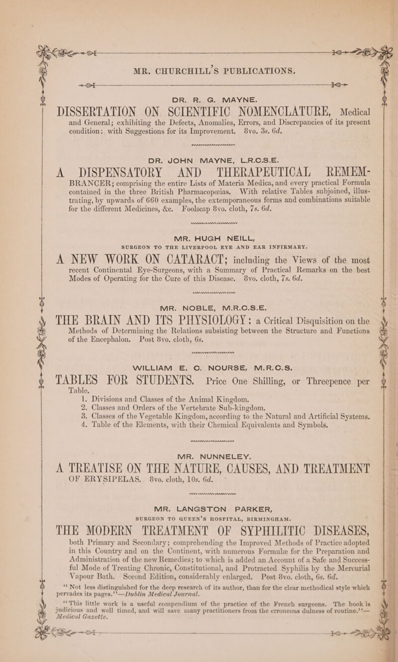 see DR. R. G. MAYNE. DISSERTATION ON SCIENTIFIC NOMENCLATURE, Medical and General; exhibiting the Defects, Anomalies, Errors, and Discrepancies of its present condition: with Suggestions for its Improvement. 8vo. 3s. 6d. DR. JOHN MAYNE, L.R.C.S.E. A DISPENSATORY AND THERAPEUTICAL REMEM- BRANCER; comprising the entire Lists of Materia Medica, and every practical Formula contained in the three British Pharmacopceias. With relative Tables subjoined, illus- trating, by upwards of 660 examples, the extemporaneous forms and combinations suitable for the different Medicines, &c. Foolscap 8vo. cloth, 7s. 6d. Rn rrn8_ mm wn MR. HUGH NEILL, SURGEON TO THE LIVERPOOL EYE AND EAR INFIRMARY. A NEW WORK ON CATARACT; including the Views of the most recent Continental Eye-Surgeons, with a Summary of Practical Remarks on the best Modes of Operating for the Cure of this Disease. 8vo. cloth, 7s. 6d. En mn Om™s rw MR. NOBLE, M.R.C.S.E. THE BRAIN AND ITS PHYSIOLOGY: a Critical Disquisition on the Methods of Determining the Relations subsisting between the Structure and Functions of the Encephalon. Post 8vo. cloth, 6s. ren Wn nw WILLIAM E. C. NOURSE, M.R.C.S. TABLES FOR STUDENTS. Price One Shilling, or Threepence per Table. 1, Divisions and Classes of the Animal Kingdom. 2. Classes and Orders of the Vertebrate Sub-kingdom. 3. Classes of the Vegetable Kingdom, according to the Natural and Artificial Systems. 4. Table of the Elements, with their Chemical Equivalents and Symbols. MR. NUNNELEY. A TREATISE ON THE NATURE, CAUSES, AND TREATMENT OF ERYSIPELAS. 8vo. cloth, 10s. 6d. en ners rms rrr MR. LANGSTON PARKER, SURGEON TO QUEEN’S HOSPITAL, BIRMINGHAM. THE MODERN TREATMENT OF SYPHILITIC DISEASES, both Primary and Secondary; comprehending the Improved Methods of Practice adopted in this Country and on the Continent, with numerous Formulz for the Preparation and Administration of the new Remedies; to which is added an Account of a Safe and Success- ful Mode of Treating Chronic, Constitutional, and Protracted Syphilis by the Mercurial Vapour Bath. Second Edition, considerably enlarged. Post 8vo. cloth, 6s. 6d. ** Not less distinguished for the deep research of its author, than for the clear methodical style which pervades its pages.’’—Dublin Medical Journal. _ “This little work is a useful compendium of the practice of the French surgeons. The book is judicious and well timed, and will save many practitioners from the erroneous dulness of routine.’’— Medical Gazette. vz