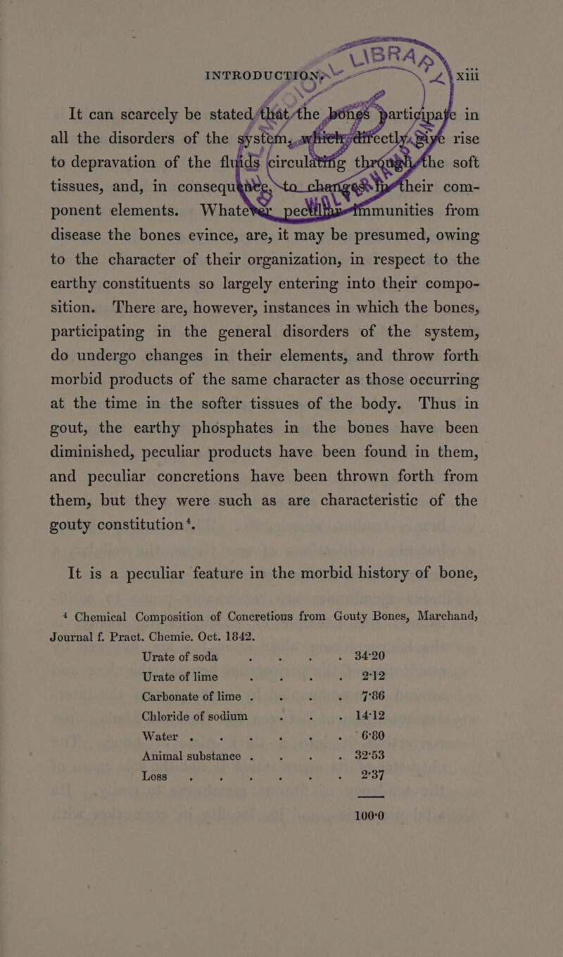 PONS It can scarcely be stated AMY he es | fe in all the disorders of the syst ny aehhie Epc f&lt;Biye rise to depravation of the flu 3 (circulatifig thrgugiAthe soft tissues, and, in consequ heir com- ponent elements. Whate¥e disease the bones evince, are, it may be presumed, owing to the character of their organization, in respect to the earthy constituents so largely entering into their compo- sition. ‘There are, however, instances in which the bones, participating in the general disorders of the system, do undergo changes in their elements, and throw forth morbid products of the same character as those oecurring at the time in the softer tissues of the body. Thus in gout, the earthy phosphates in the bones have been diminished, peculiar products have been found in them, and peculiar concretions have been thrown forth from them, but they were such as are characteristic of the gouty constitution *. It is a peculiar feature in the morbid history of bone, 4 Chemical Composition of Concretions from Gouty Bones, Marchand, Journal f. Pract. Chemie. Oct. 1842. Urate of soda : : : . 3420 Urate of lime : : : ee Te Carbonate of lime . * é ony as Chloride of sodium , 5 + oh4:32 Water . : F 4 ; . 6:80 Animal substance . ; : . 32°53 oss’. ‘ : 2 . laa Fh 100°0