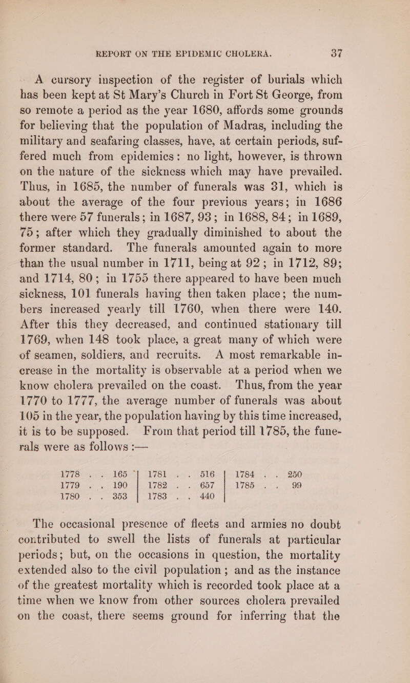 _ A cursory inspection of the register of burials which has been kept at St Mary’s Church in Fort St George, from so remote a period as the year 1680, affords some grounds for believing that the population of Madras, including the military and seafaring classes, have, at certain periods, suf-_ fered much from epidemics: no light, however, is thrown on the nature of the sickness which may have prevailed. Thus, in 1685, the number of funerals was 31, which is about the average of the four previous years; in 1686 there were 57 funerals; in 1687, 93; in 1688, 84; in 1689, 75; after which they gradually diminished to about the former standard. The funerals amounted again to more than the usual number in 1711, being at 92; in 1712, 89; and 1714, 80; in 1755 there appeared to have been much sickness, 101 funerals having then taken place; the num- bers increased yearly till 1760, when there were 140. After this they decreased, and continued stationary till 1769, when 148 took place, a great many of which were of seamen, soldiers, and recruits. A most remarkable in- crease in the mortality is observable at a period when we know cholera prevailed on the coast. Thus, from the year 1770 to 1777, the average number of funerals was about 105 in the year, the population having by this time increased, it is to be supposed. Fromm that period till 1785, the fune- rals were as follows :— : | LS GO WSL ae, . BIB 1784 . . 250 IO. oe. 90 LiS2 332 +O Or l785< ~~. £99 1780°~. . 383 1783 . . 440 The occasional presence of fleets and armies no doubt contributed to swell the lists of funerals at particular periods; but, on the occasions in question, the mortality extended also to the civil population ; and as the instance of the greatest mortality which is recorded took place at a time when we know from other sources cholera prevailed on the coast, there seems ground for inferring that the