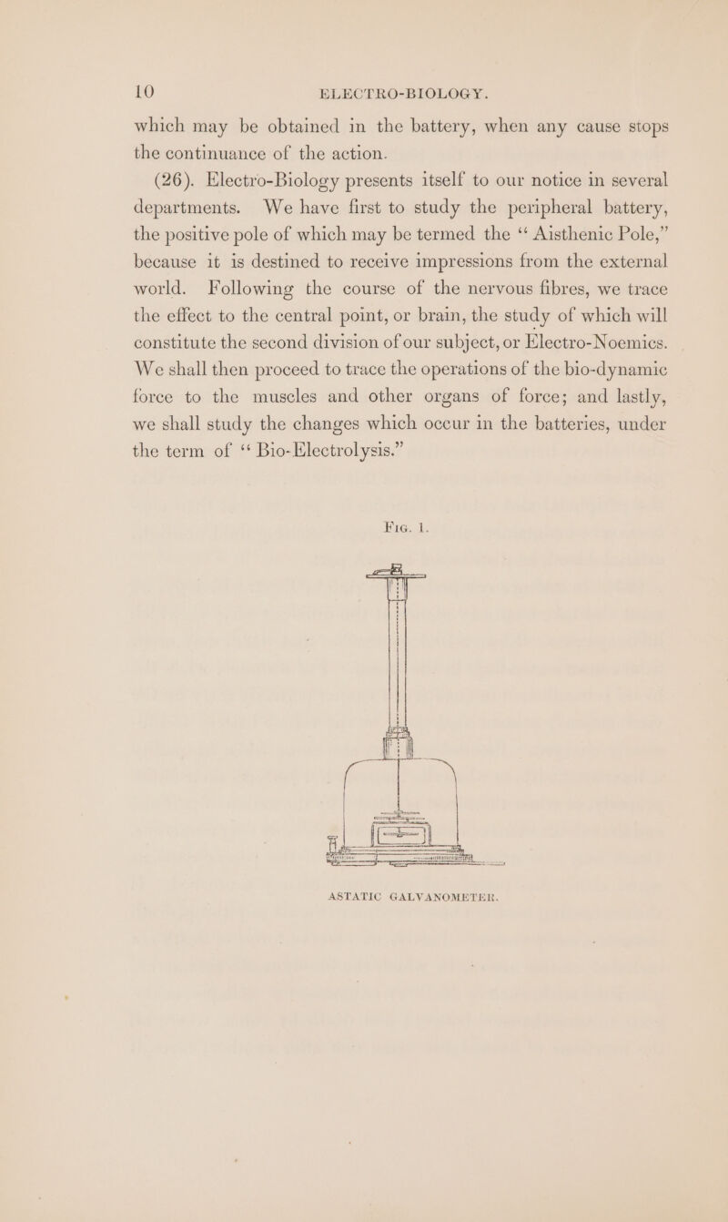 which may be obtained in the battery, when any cause stops the continuance of the action. (26). Electro-Biology presents itself to our notice in several departments. We have first to study the peripheral battery, the positive pole of which may be termed the ‘‘ Aisthenic Pole,” because it is destined to receive impressions from the external world. Following the course of the nervous fibres, we trace the effect to the central point, or brain, the study of which will constitute the second division of our subject, or Electro-Noemics. We shall then proceed to trace the operations of the bio-dynamic force to the muscles and other organs of force; and lastly, we shall study the changes which occur in the batteries, under the term of ‘“ Bio- Electrolysis.” seep core tTTEE RT COS eae ASTATIC GALVANOMETER.