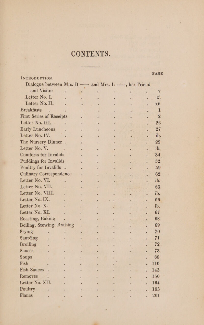 CONTENTS. PAGE INTRODUCTION. Dialogue between Mrs. B —— and Mrs. L ——, her Friend and Visitor ? oa : : é ; Vv Letter No. I. : é : , : ea ee Letter No. II. : , - : : a Breakfasts . : ‘ : : i : 1 First Series of Receipts : : ‘ : : ys Letter No. III. : 5 2 : : &lt;u. a0 Karly Luncheons . : : : : hee 7 Letter No. IV. ; : : : : uate 5: The Nursery Dinner . - : : : ei ae Letter No. V. : ; 5 P : Bis | Comforts for Invalids ; d : : &lt;n e Puddings for Invalids ° : Z ; «Oe Poultry for Invalids . : : ; : on ao Culinary Correspondence é : : ; tata |). Letter No. VI. - : ; : z ny Letter No. VII. : ; : : rae » &gt;, OF Letter No. VIII. : : : ‘ ‘ -) ae Letter No. IX. : : : a ; - 66 Letter No. X. : ; : ‘ , on ae Letter No. XI. : : F ‘ : + + OF Roasting, Baking. : : : PR Sr TH | Boiling, Stewing, Braising . : ; ; - 69 Frying . ‘ 70 Sautéing é : : a ; , os Be Broiling é : . : . . nae Sauces : : - i , : nar Soups ; ; ° ° : 7 a) OS Fish : : - j a ; ss ATO Fish Sauces . : : ; : : - 143 Removes : A : : : : « 1a Letter No. XII. : : : : : - 164 Poultry : : : : Z : Le Flancs 2 4 : . ; ; «- 2